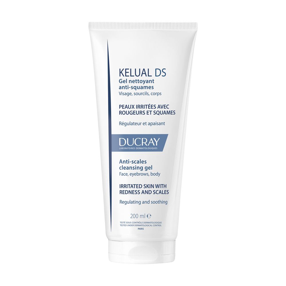 Gel detergente in tubo bianco con testo blu. Contiene "KELUAL DS" e "DUCRAY". Per viso, sopracciglia e corpo.