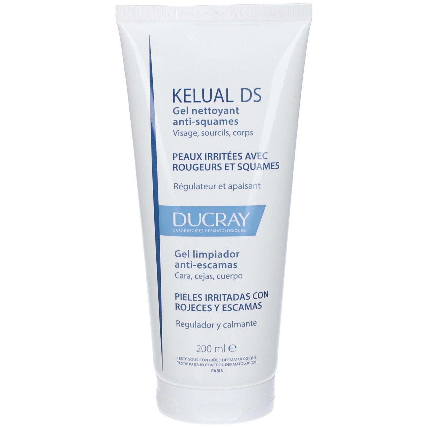 Gel detergente in tubo bianco con testo blu. Contiene "KELUAL DS" e "DUCRAY". Per viso, sopracciglia e corpo.