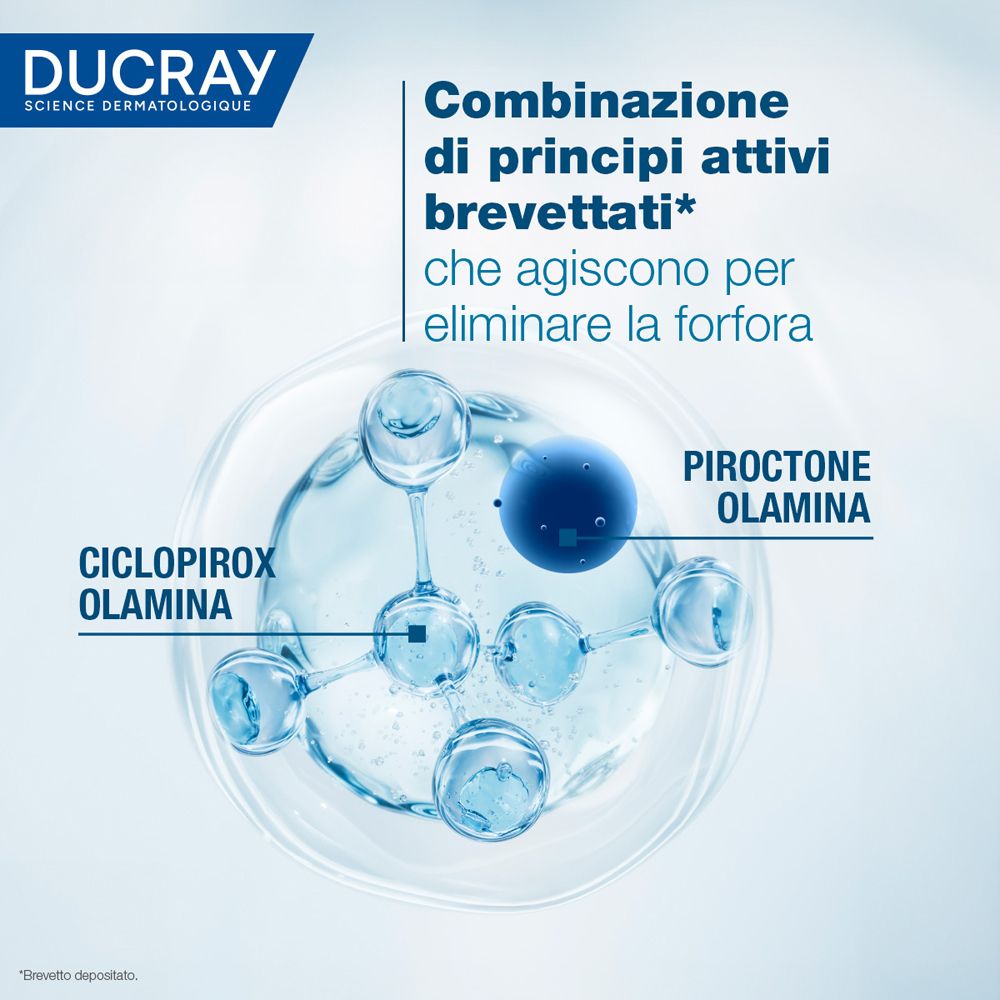 Primo piano di molecole. Testo: "Combinazione di principi attivi brevettati*" e "CICLOPIROX OLAMINA" e "PIROCTONE OLAMINA".