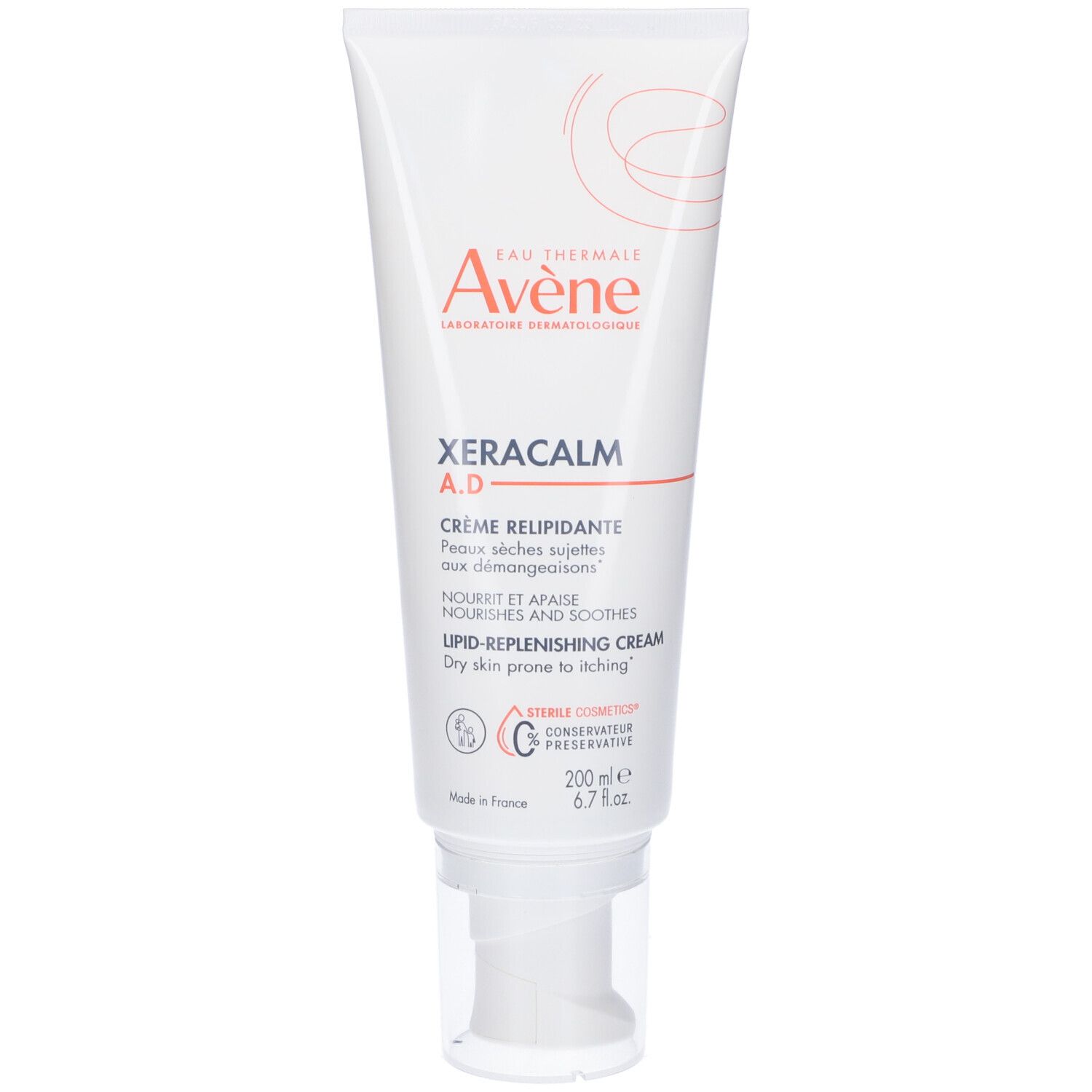 Tubo bianco con nome e logo del prodotto. Testo: Xeracalm A.D. Crema relipidante. Pelle secca soggetta a dermatite atopica. Cosmetico sterile.