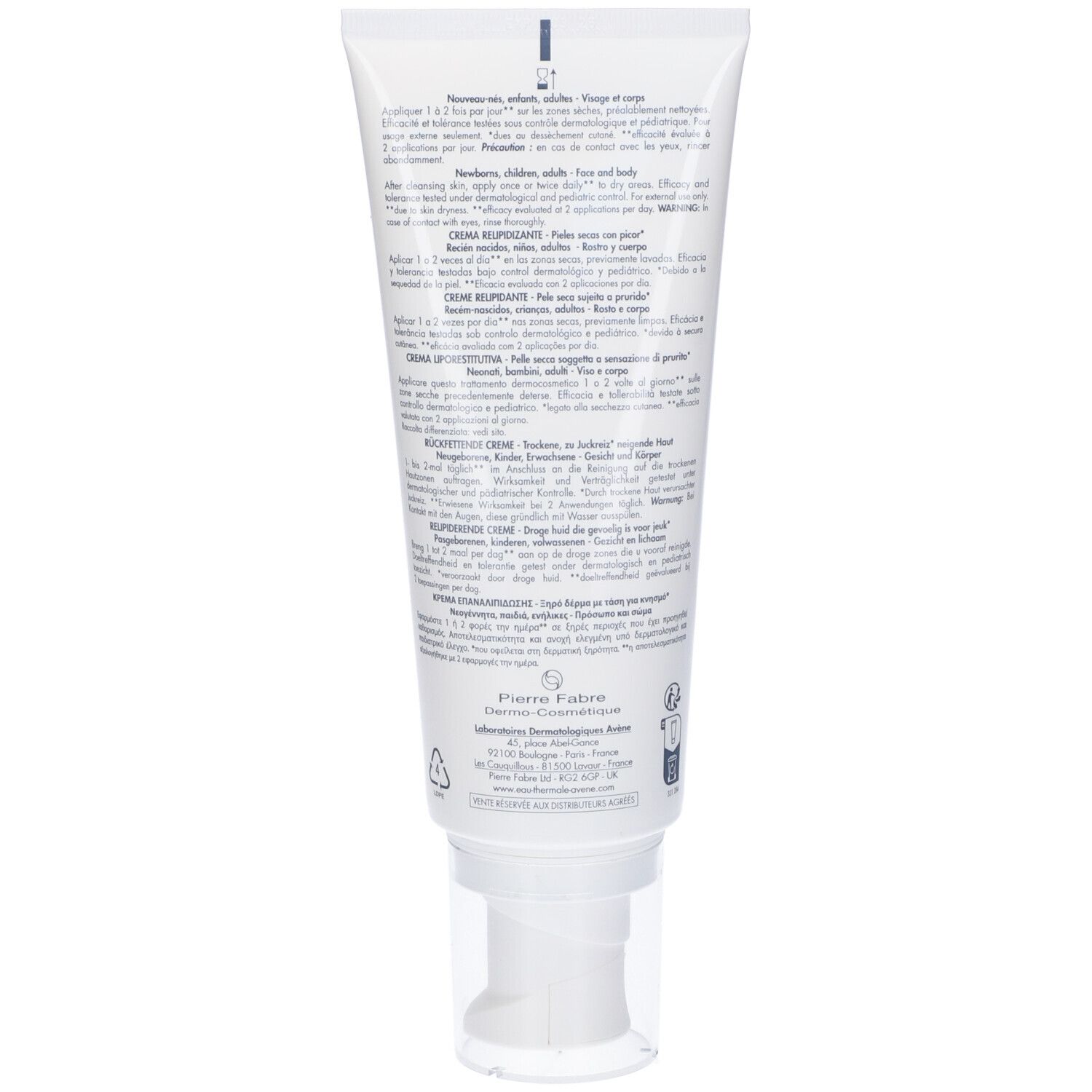 Retro del tubo bianco. Testo multilingue. Informazioni sull'uso e ingredienti. Cosmetico sterile. Logo Pierre Fabre.
