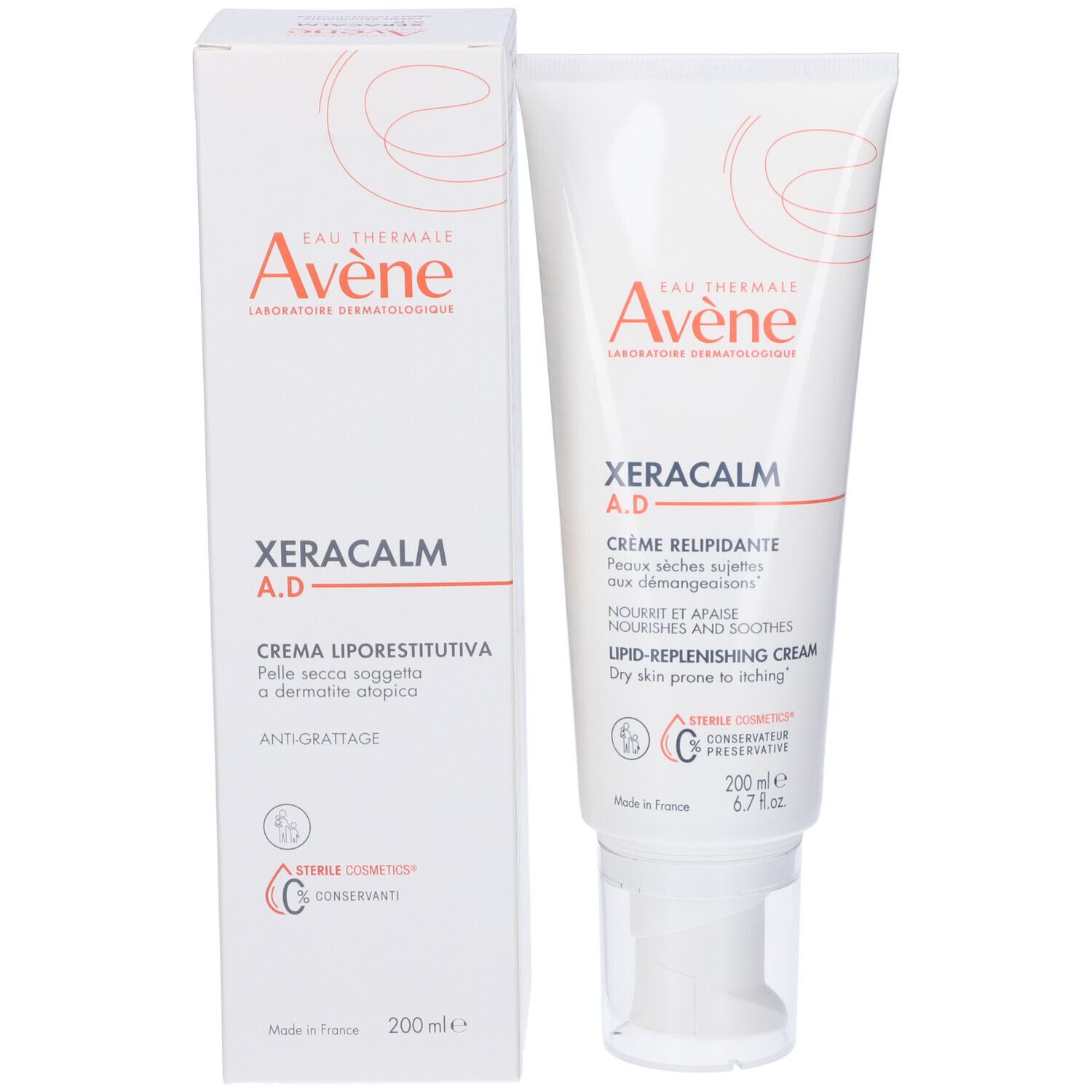 Confezione del prodotto. Scatola e tubo bianchi. Sulla scatola: Xeracalm A.D. Crema liporestitutiva. Cosmetico sterile. 200ml.