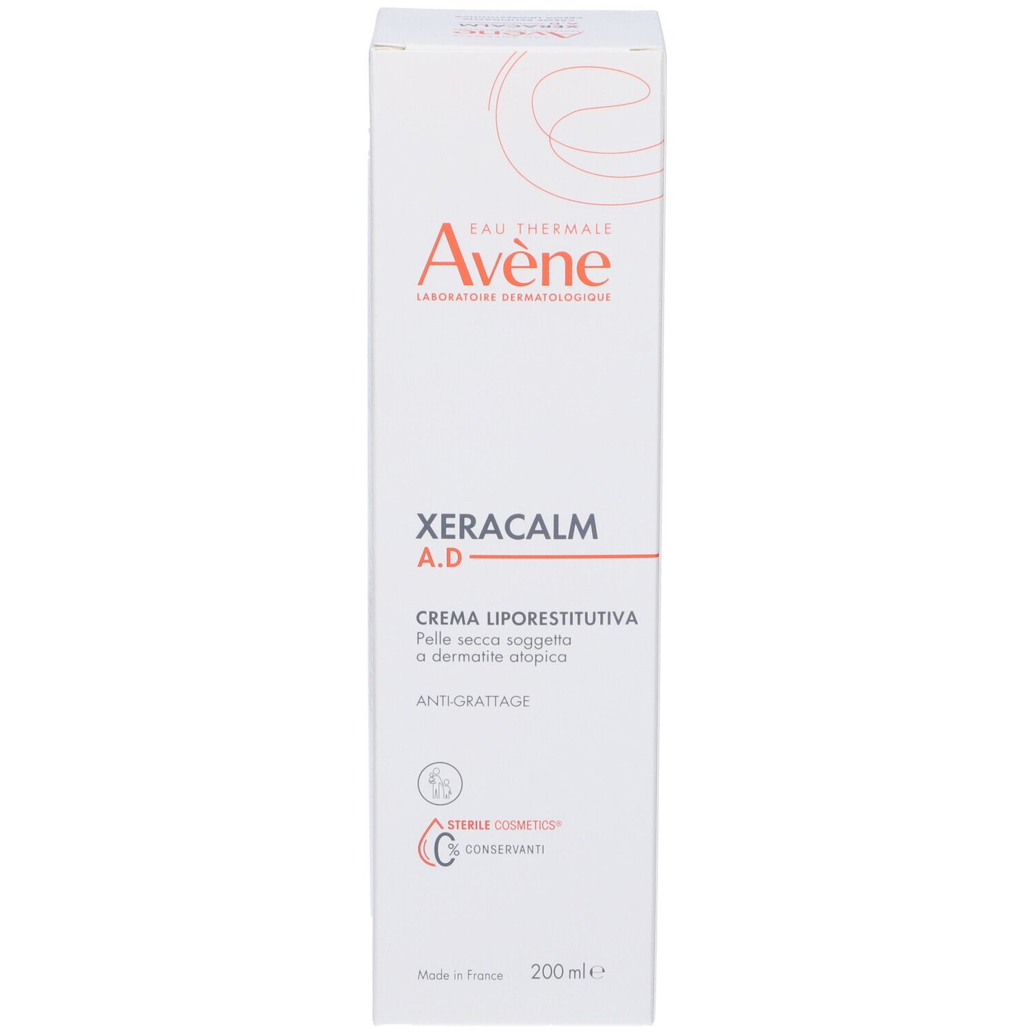 Confezione bianca. Stampa: Xeracalm A.D. Crema liporestitutiva. Pelle secca soggetta a dermatite atopica. Cosmetico sterile. 200ml.