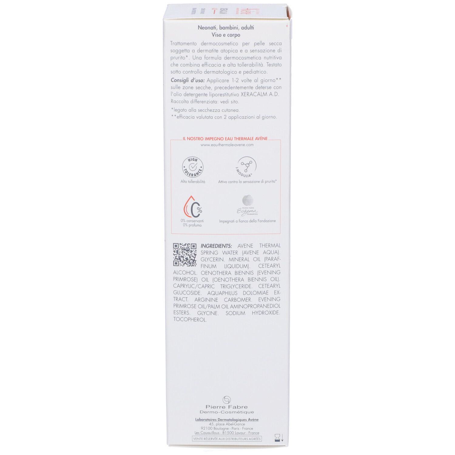 Retro della confezione. Testo multilingue. Informazioni sull'uso e ingredienti. Cosmetico sterile. Loghi.