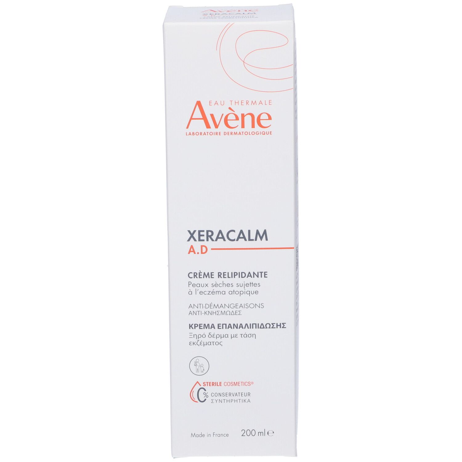 Confezione bianca. Stampa: Xeracalm A.D. Crema relipidante. Pelli secche soggette a eczema atopico. Cosmetico sterile. 200ml.