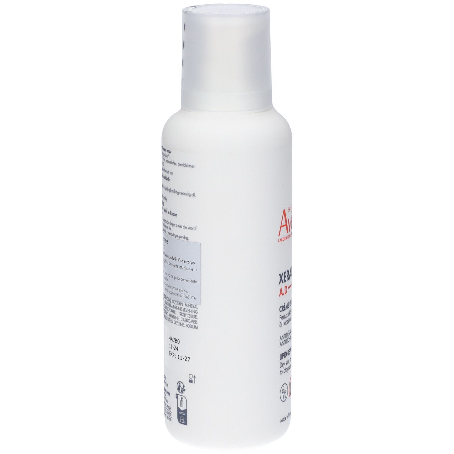 Flacone bianco con testo. Contiene informazioni su XeraCalm A.D Crema Liporestitutiva. Scadenza: 11-27.