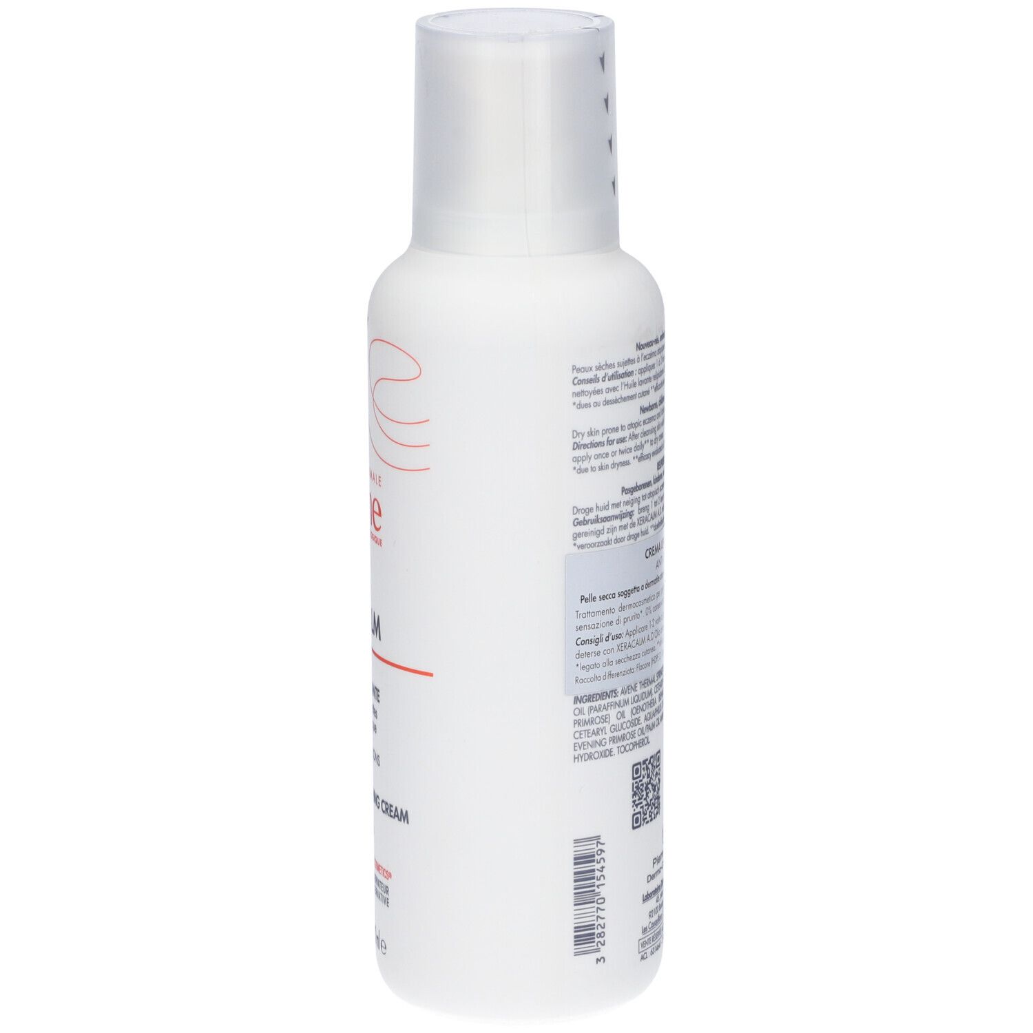 Flacone bianco con testo. Contiene informazioni su XeraCalm A.D Crema Liporestitutiva. QR code e scadenza.