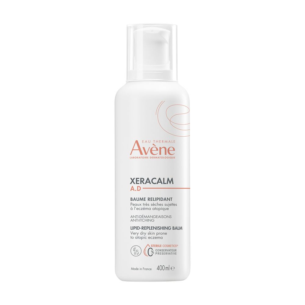 Flacone bianco con dosatore. Scritta: Eau Thermale Avene, Xeracalm A.D. Balsamo Liporestitutivo.