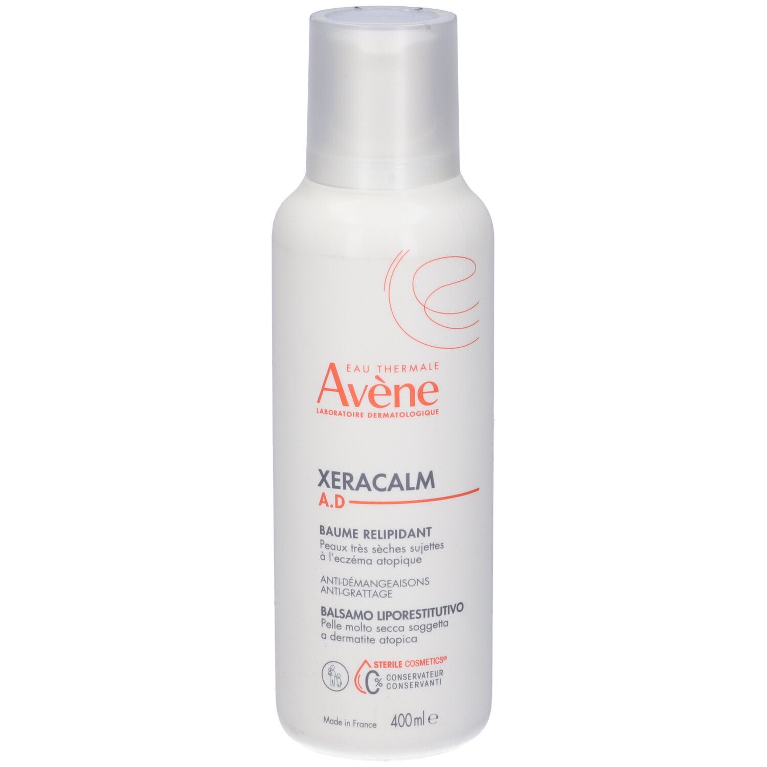 Flacone bianco con dosatore. Scritta: Eau Thermale Avene, Xeracalm A.D. Balsamo Liporestitutivo.