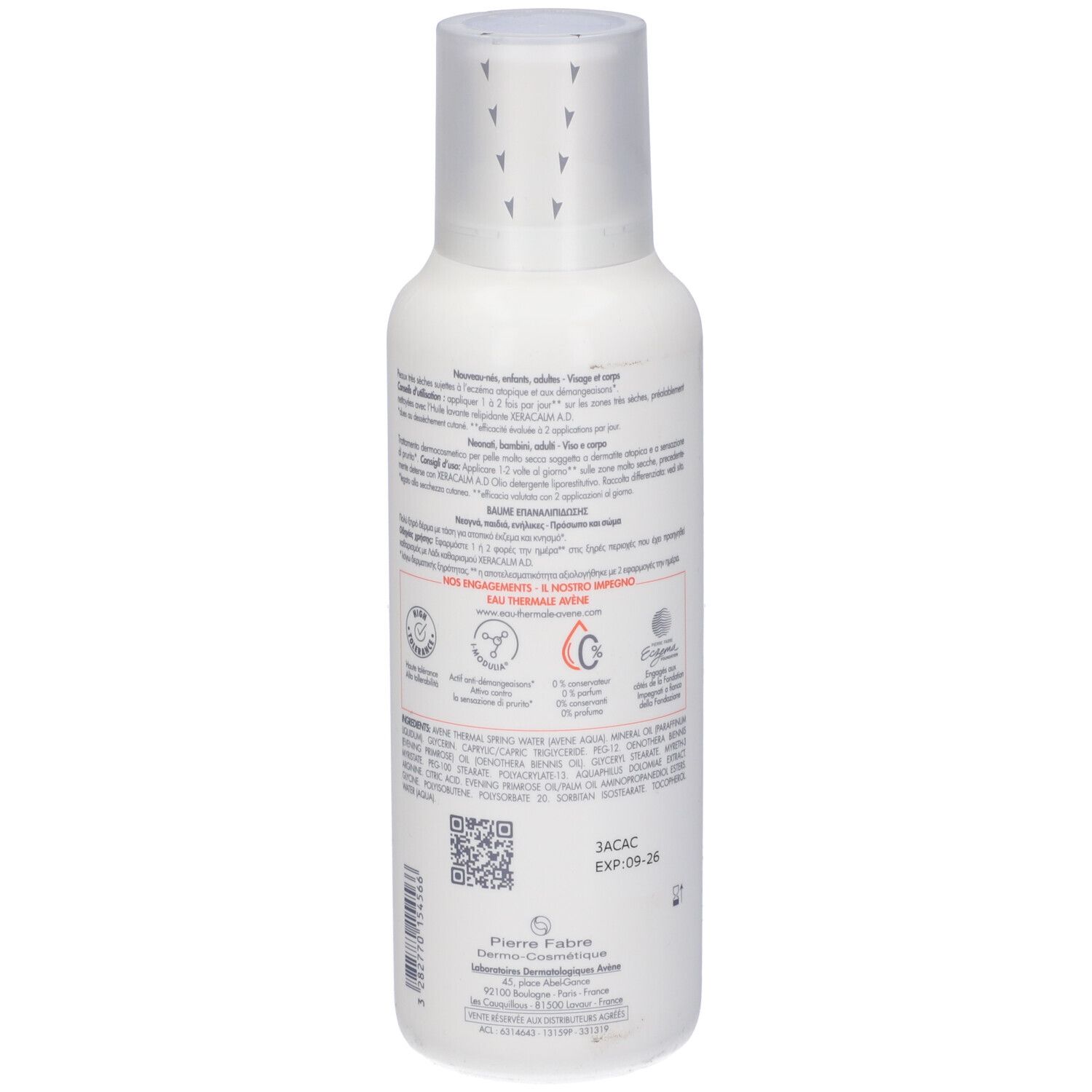 Retro del flacone. Testo e loghi. Marca: Avene.