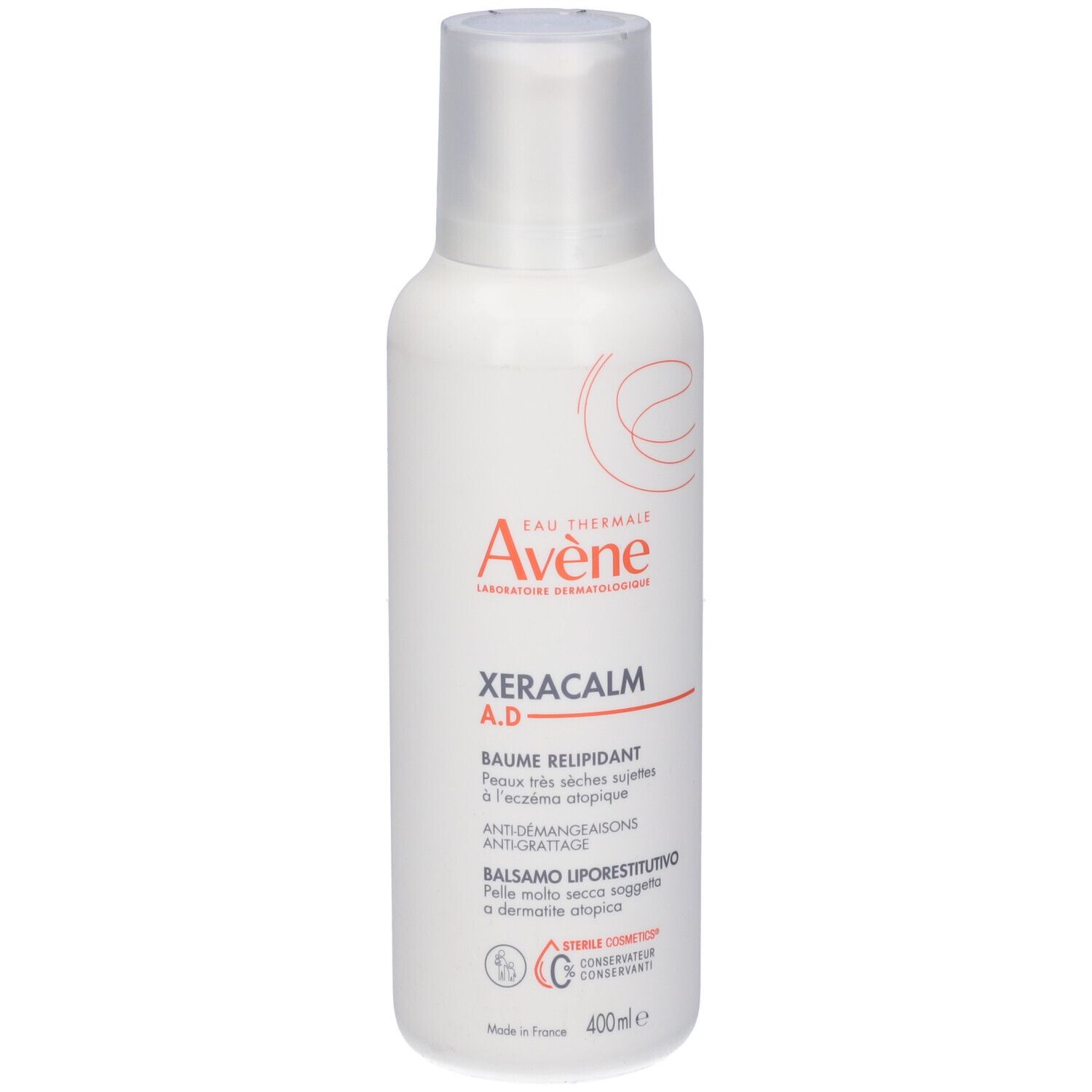 Flacone bianco con dosatore. Scritta: Eau Thermale Avene, Xeracalm A.D. Balsamo Liporestitutivo.