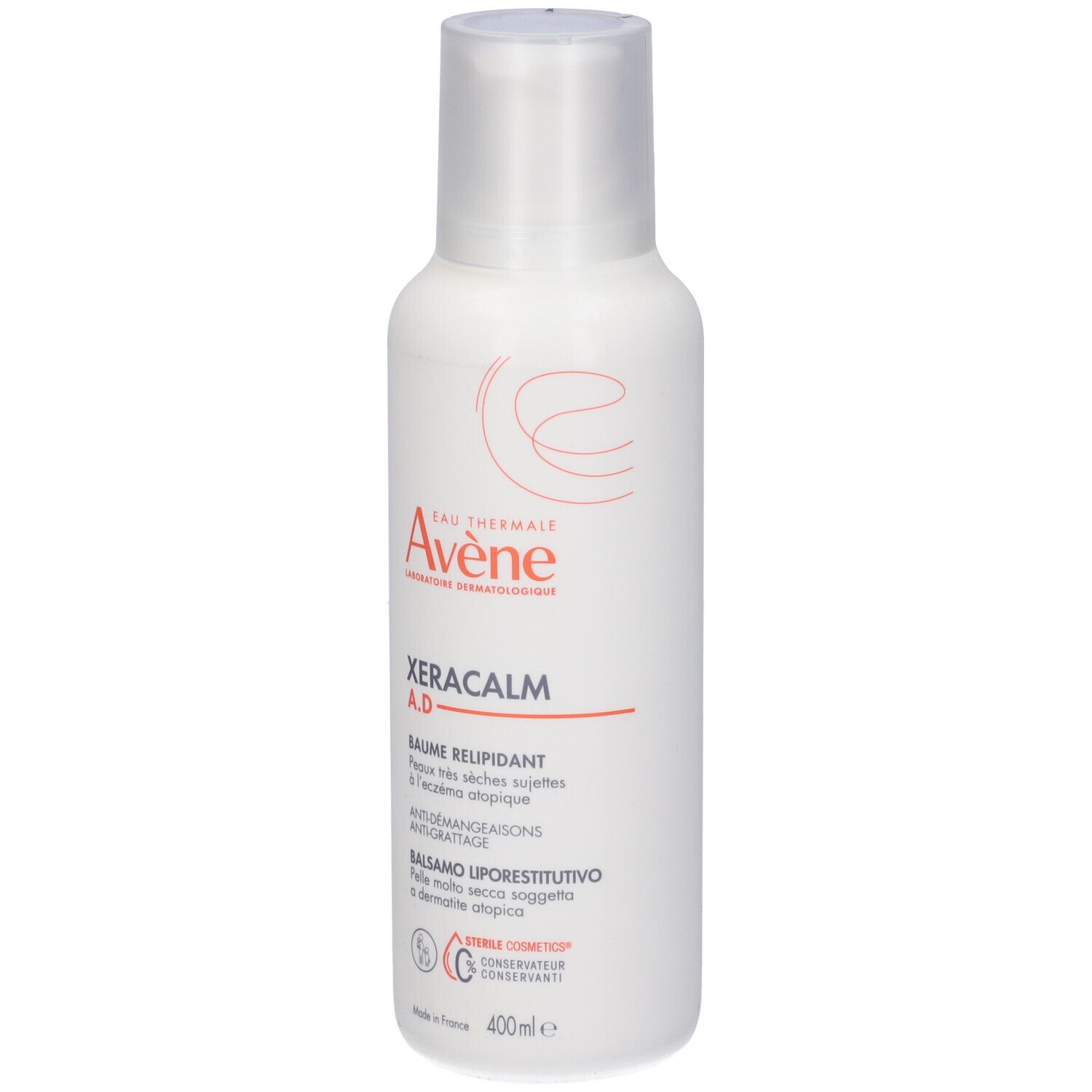 Flacone bianco con dosatore. Scritta: Eau Thermale Avene, Xeracalm A.D. Balsamo Liporestitutivo.