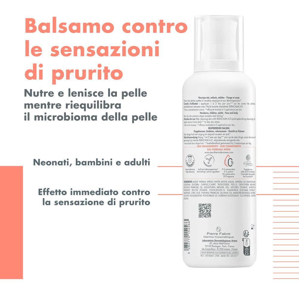 Retro del flacone. Testo: Balsamo contro le sensazioni di prurito. Neonati, bambini e adulti.