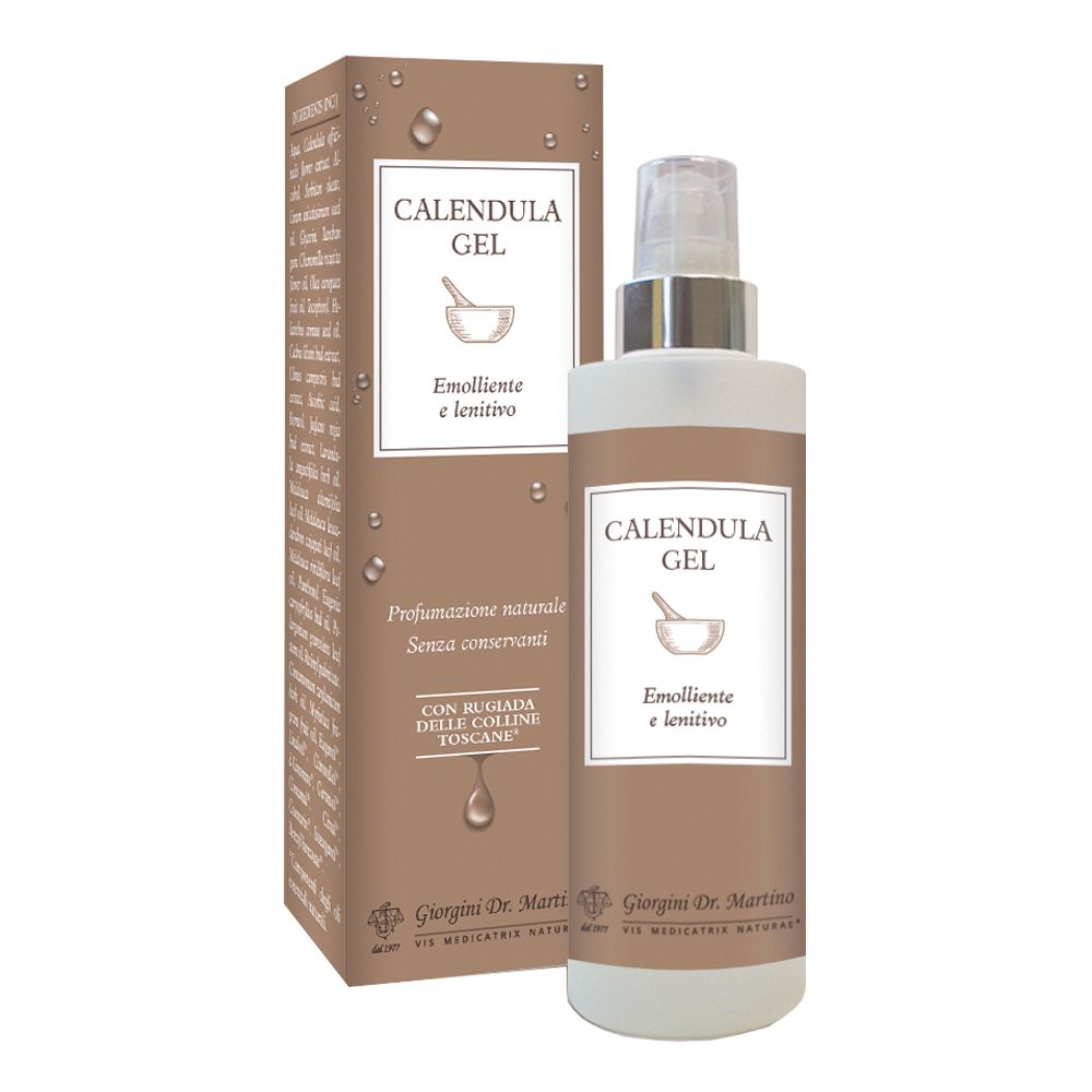 Flacone e confezione marrone con CALENDULA GEL. Testo: Emolliente e lenitivo. Flacone con vaporizzatore.