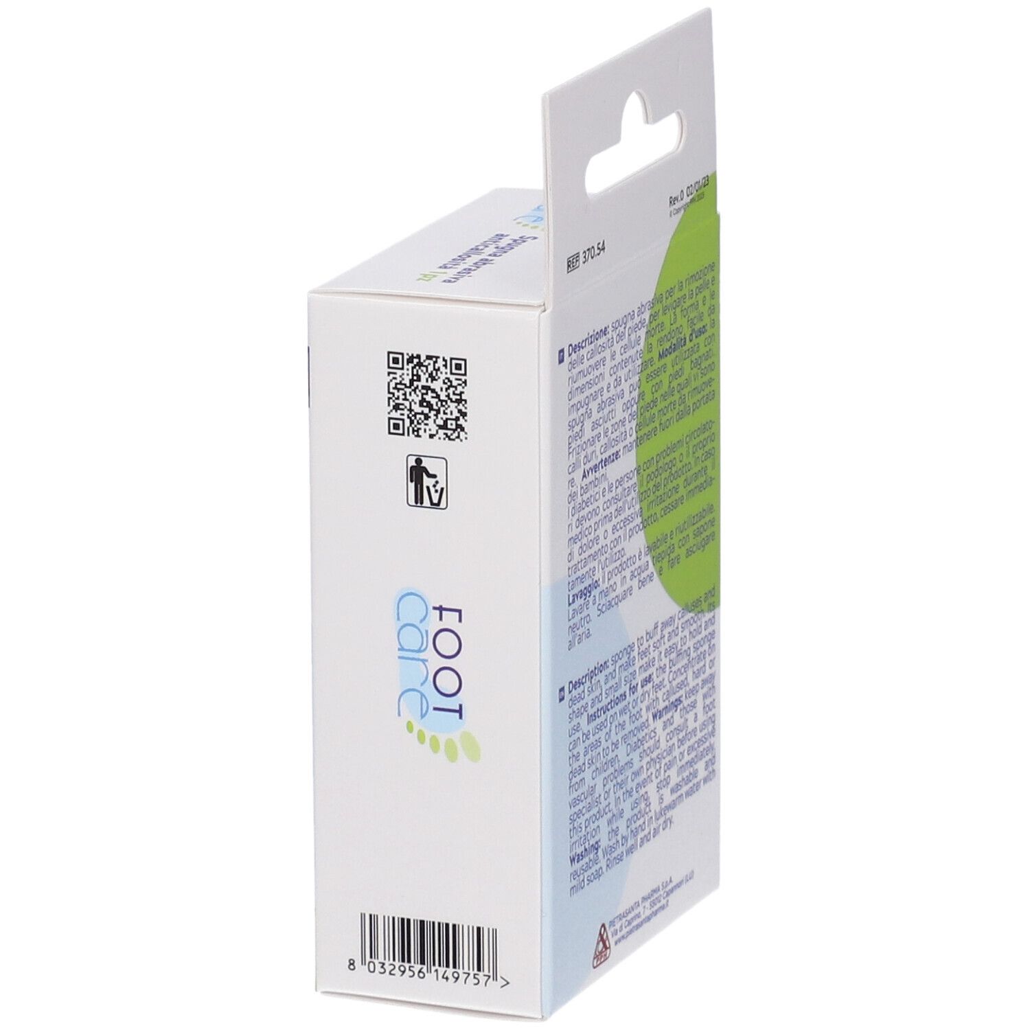 Vista laterale della confezione. Logo Foot Care. Codice QR e simbolo riciclo. Testo in italiano.