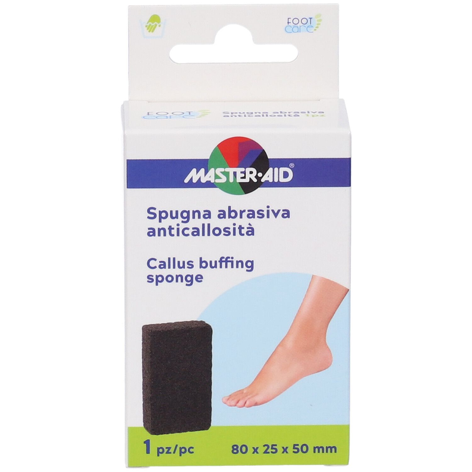 Confezione Spugna Abrasiva Anticallosità. Spugna nera, disegno piede. Dimensioni: 80x25x50 mm. Marchio: Master-Aid.
