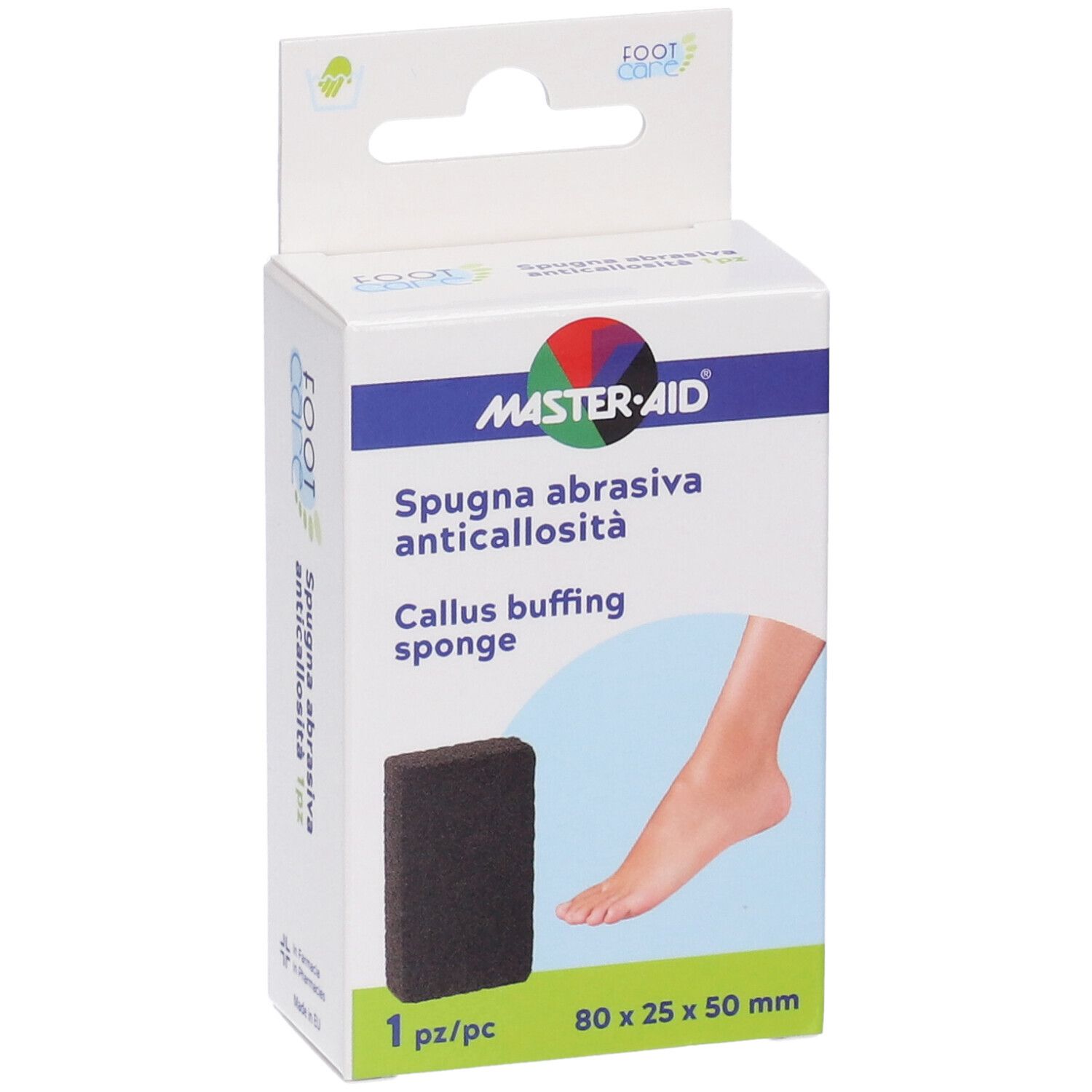 Confezione Spugna Abrasiva Anticallosità. Spugna nera, disegno piede. Dimensioni: 80x25x50 mm. Marchio: Master-Aid.