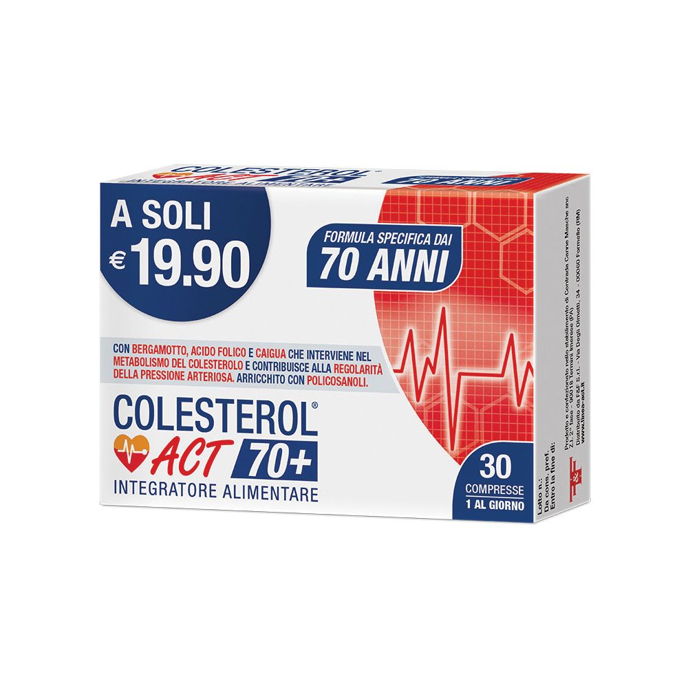 Karton mit Produktaufdruck. Aufschrift: Cholesterin ACT 70+. 30 Tabletten. Preis: 19,90 €.