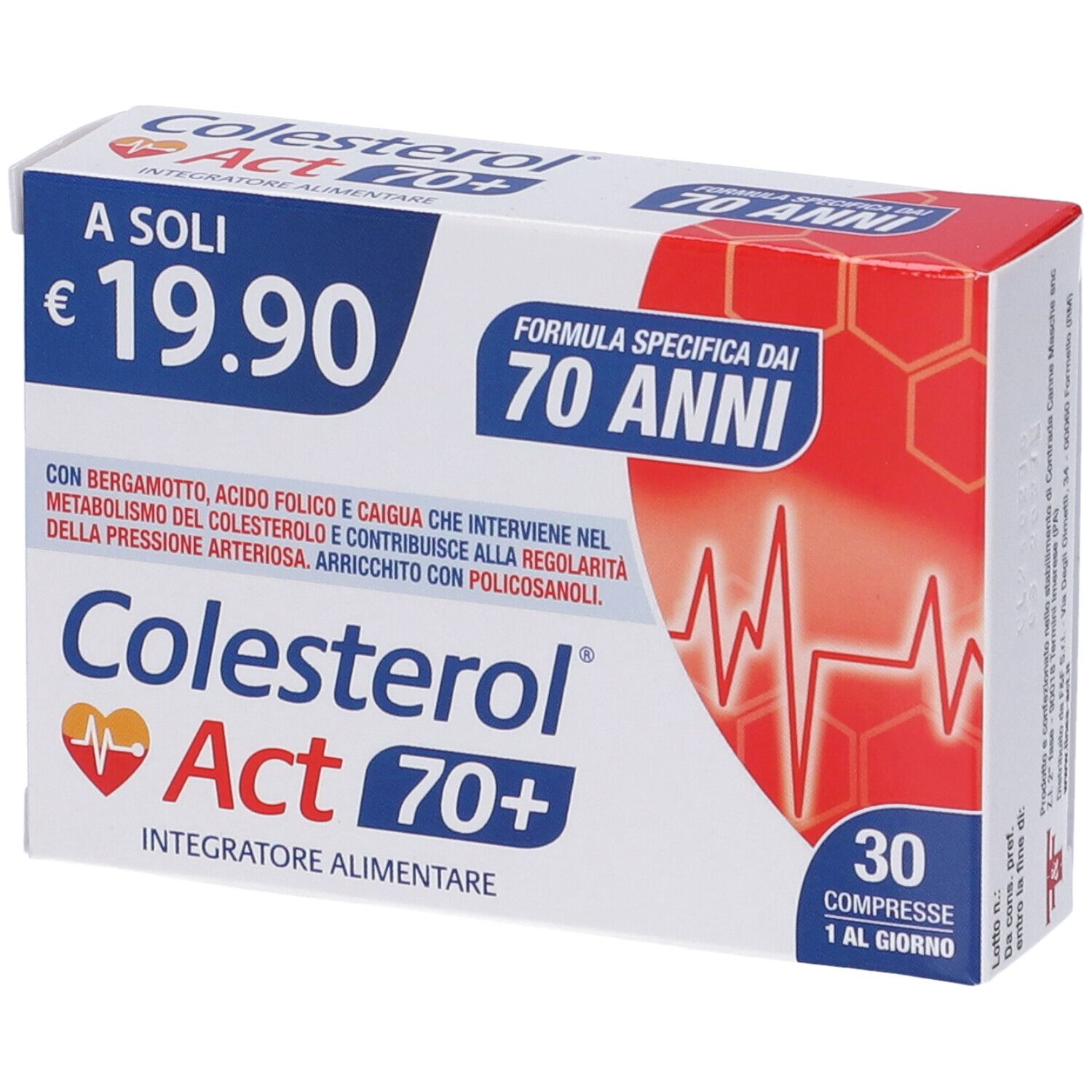 Produktverpackung. Aufschrift: Cholesterin Act 70+. 30 Tabletten. Preis: 19,90 €.