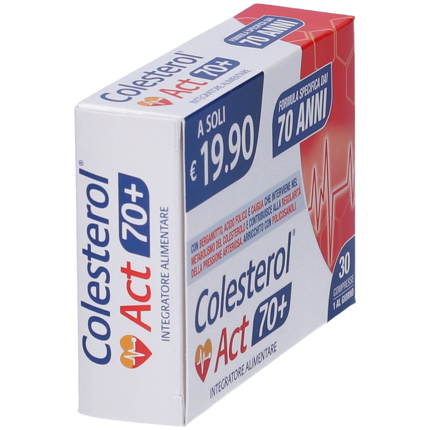 Produktverpackung. Aufschrift: Cholesterin Act 70+. 30 Tabletten. Preis: 19,90 €.