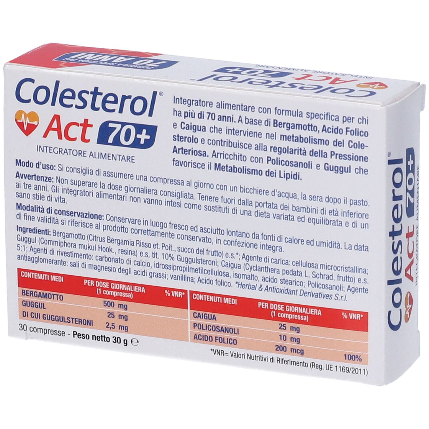 Produktverpackung. Aufschrift: Cholesterin Act 70+. 30 Tabletten. Inhaltsstoffe und Anwendungshinweise.