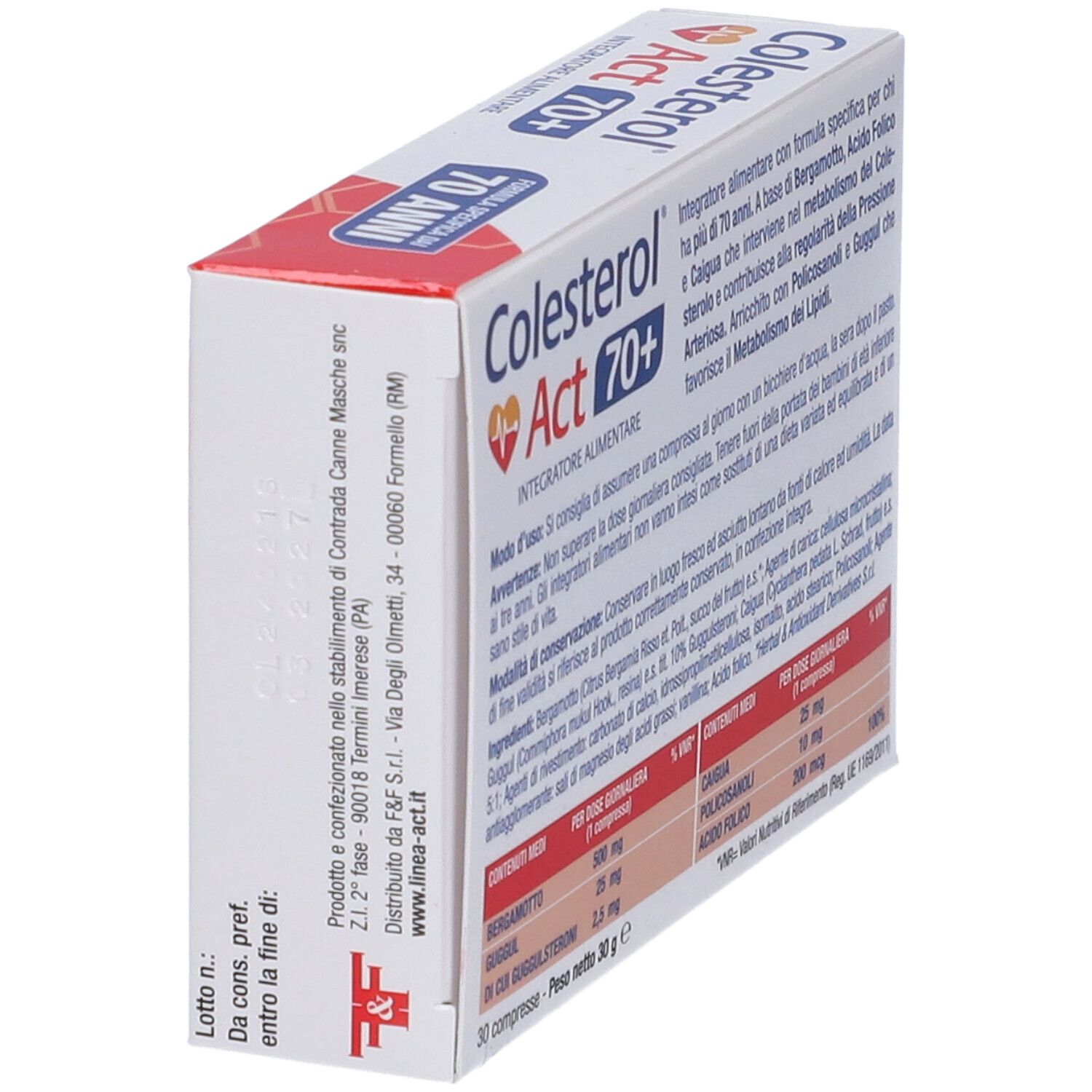 Produktverpackung. Aufschrift: Cholesterin Act 70+. 30 Tabletten. Rückseite mit Inhaltsstoffen und Hersteller.