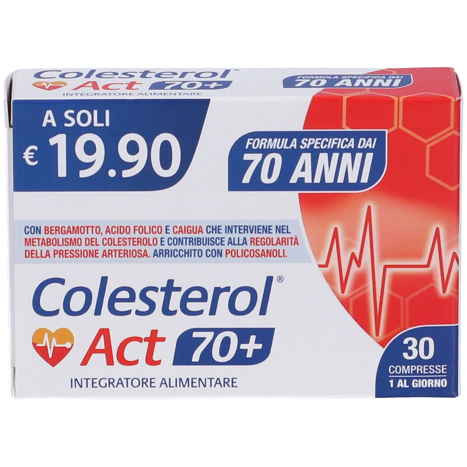 Produktverpackung. Aufschrift: Cholesterin Act 70+. 30 Tabletten. Preis: 19,90 €.