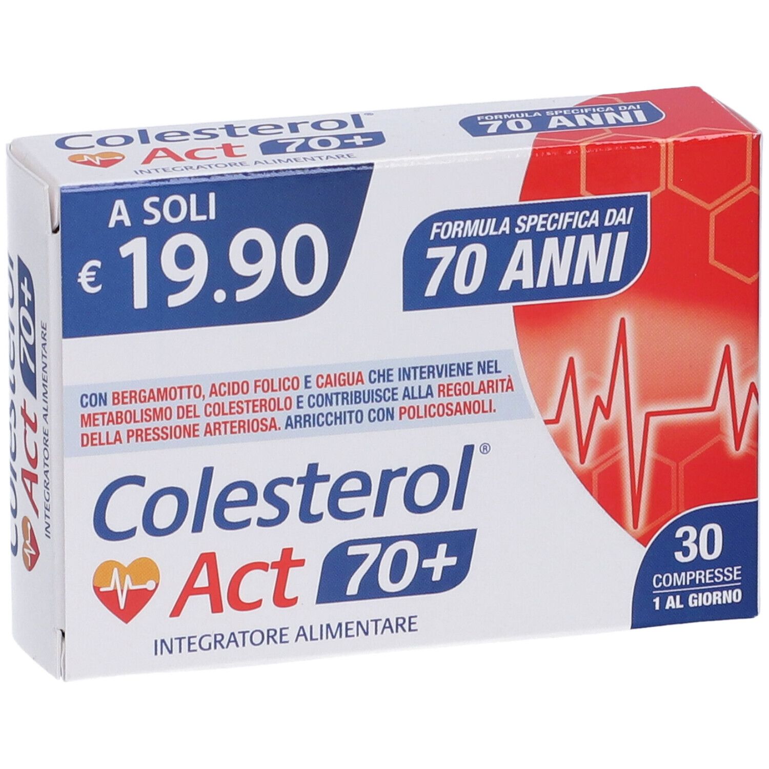 Produktverpackung. Aufschrift: Cholesterin Act 70+. 30 Tabletten. Preis: 19,90 €.