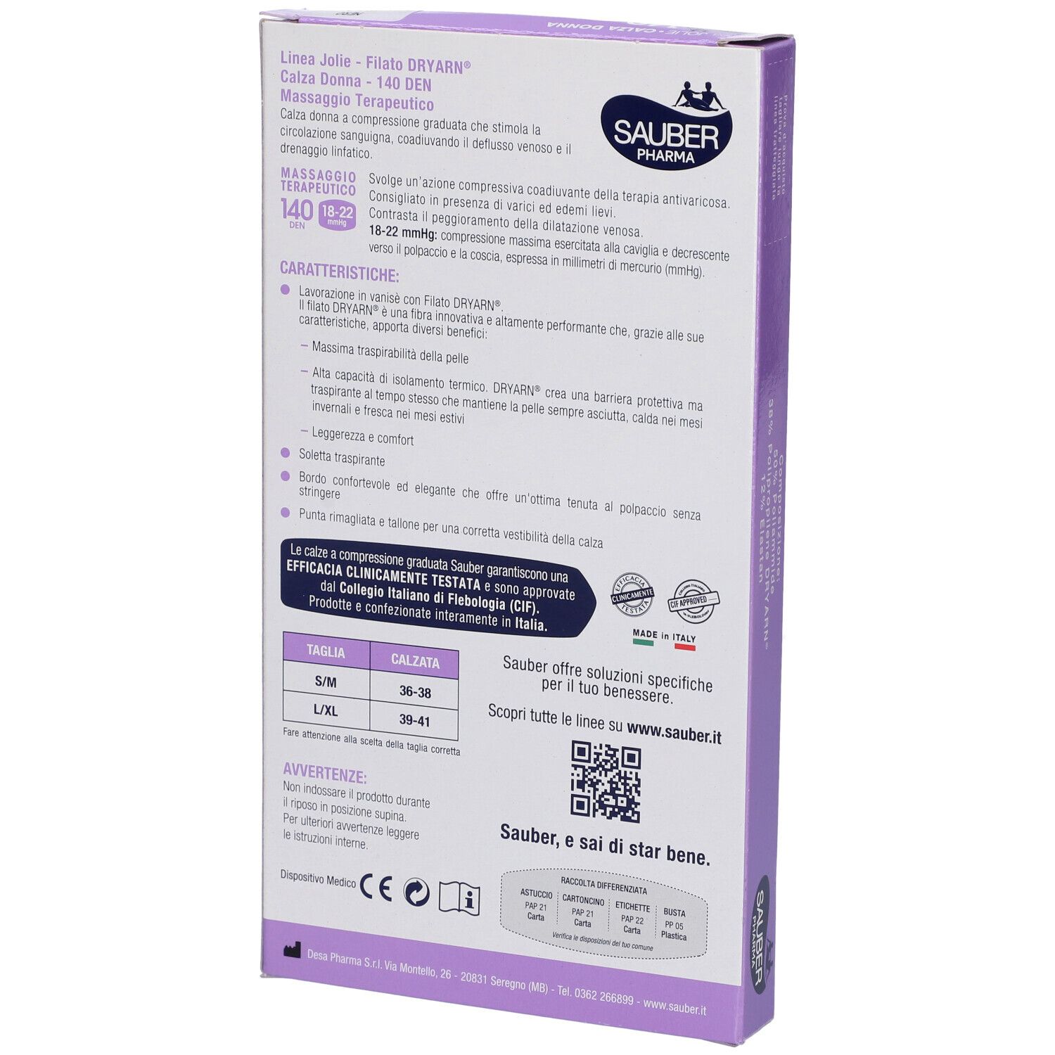 Rückseite der Verpackung von Sauber Calza Jolie Filato Dryarn 140 Nero L/Xl. Produktmerkmale, Größenangaben und Marke.