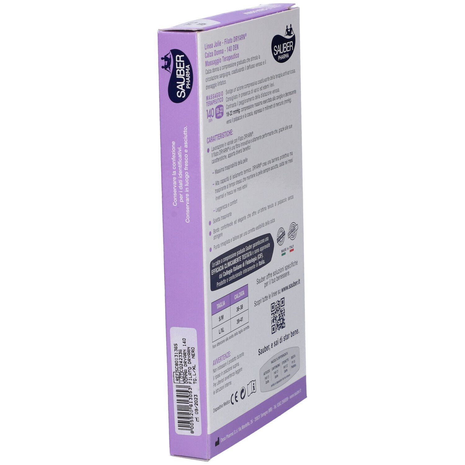 Rückseite der Verpackung von Sauber Calza Jolie Filato Dryarn 140 Nero L/Xl. Produktinformationen, Größen und Marke.