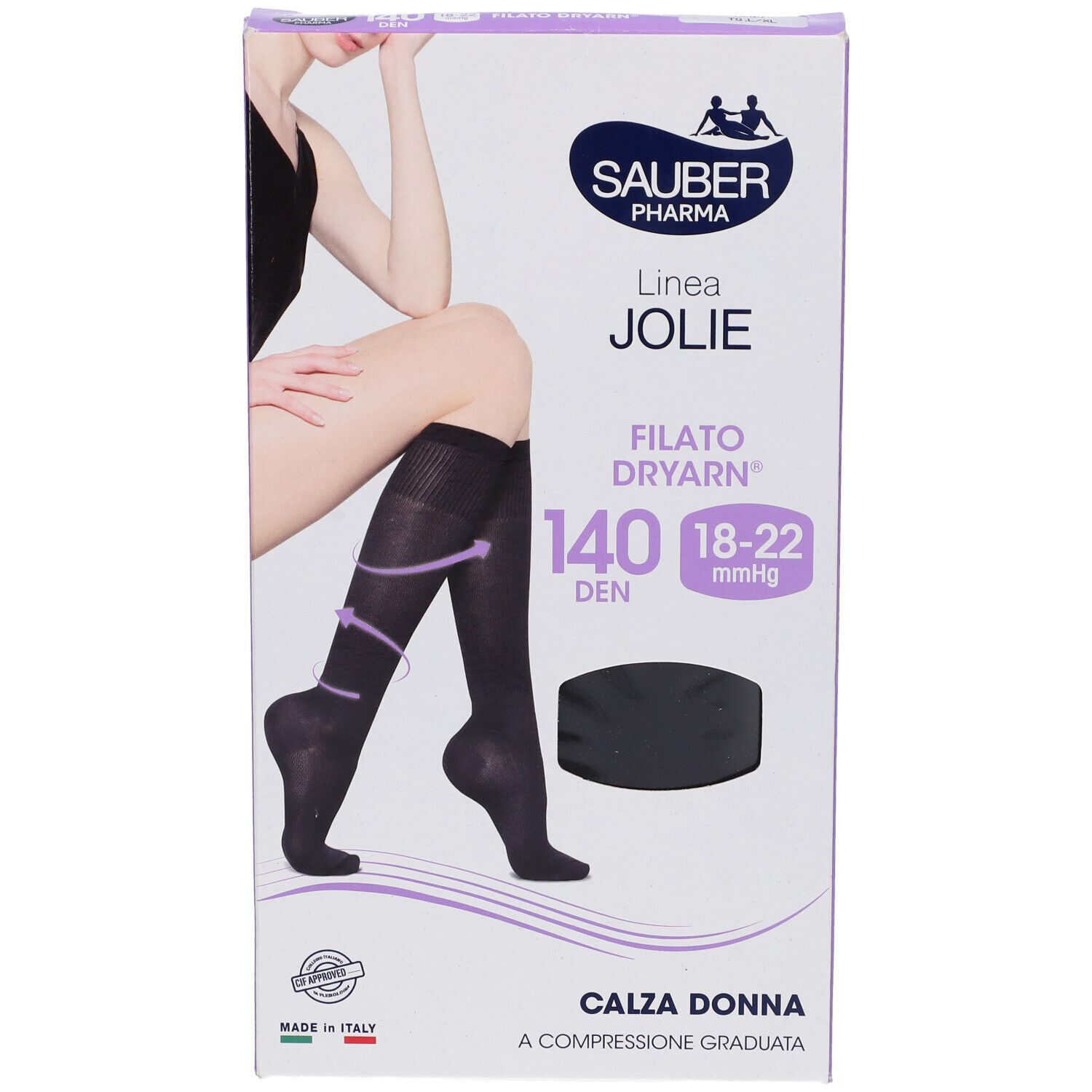 Verpackung mit Sauber Calza Jolie Filato Dryarn 140 Nero L/Xl. Schwarze Kniestrümpfe auf der Verpackung abgebildet. Marke und Produktbezeichnung.