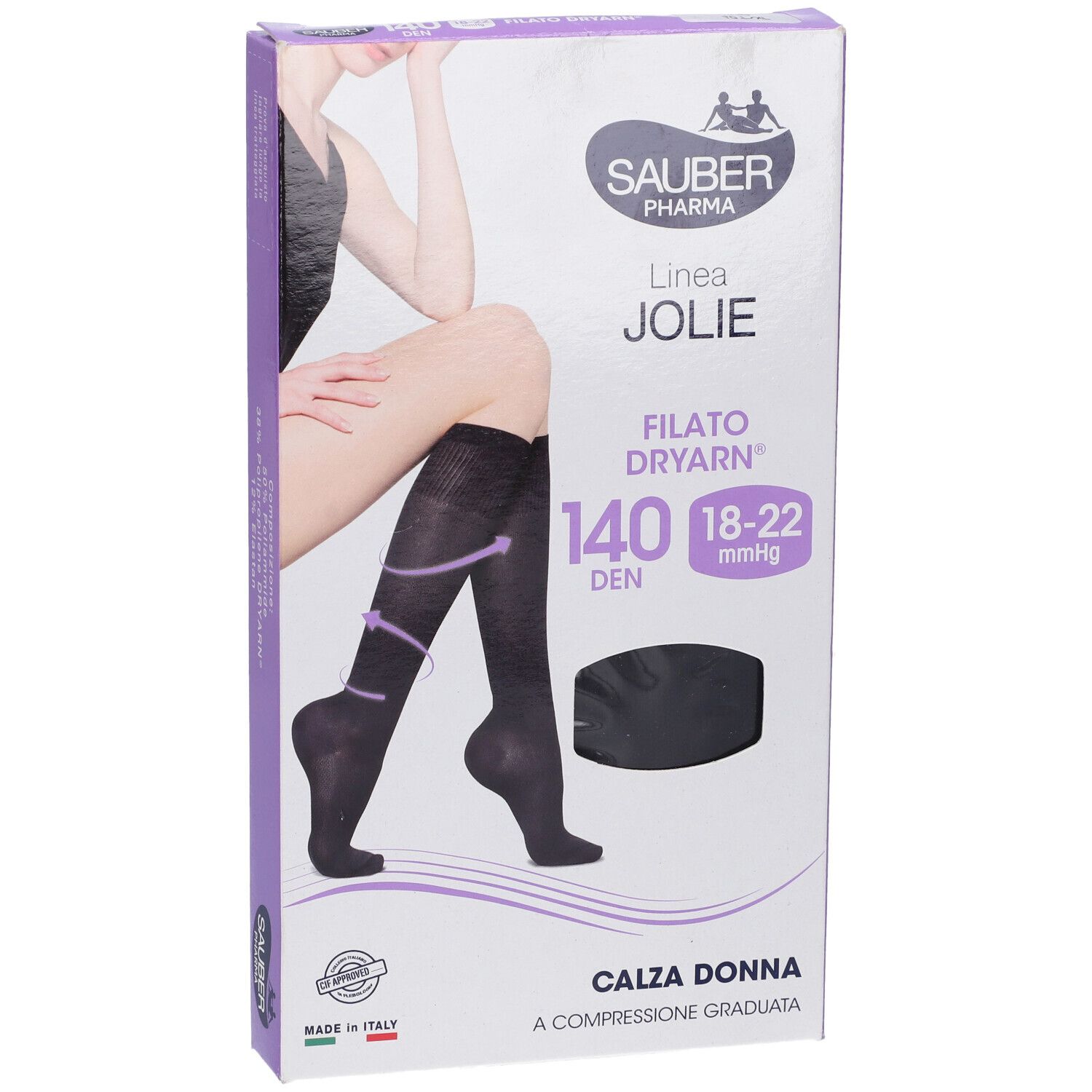 Verpackung mit Sauber Calza Jolie Filato Dryarn 140 Nero L/Xl. Schwarze Kniestrümpfe auf der Verpackung abgebildet. Marke und Produktbezeichnung.