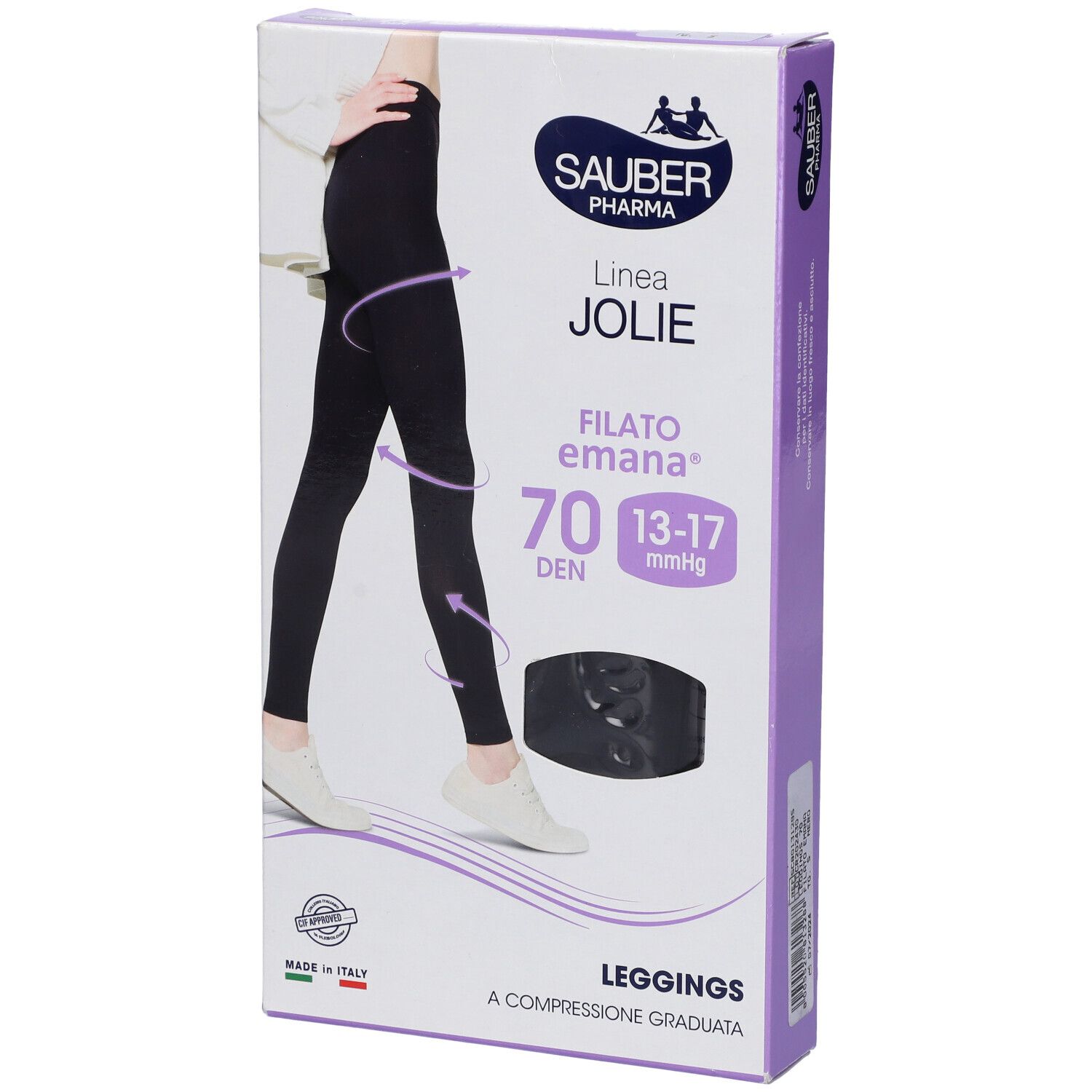 Schwarze Leggings in Verpackung. Marke Sauber Pharma, Linie Jolie, Filato Emana 70 DEN. Kompression 13-17 mmHg. Hergestellt in Italien.