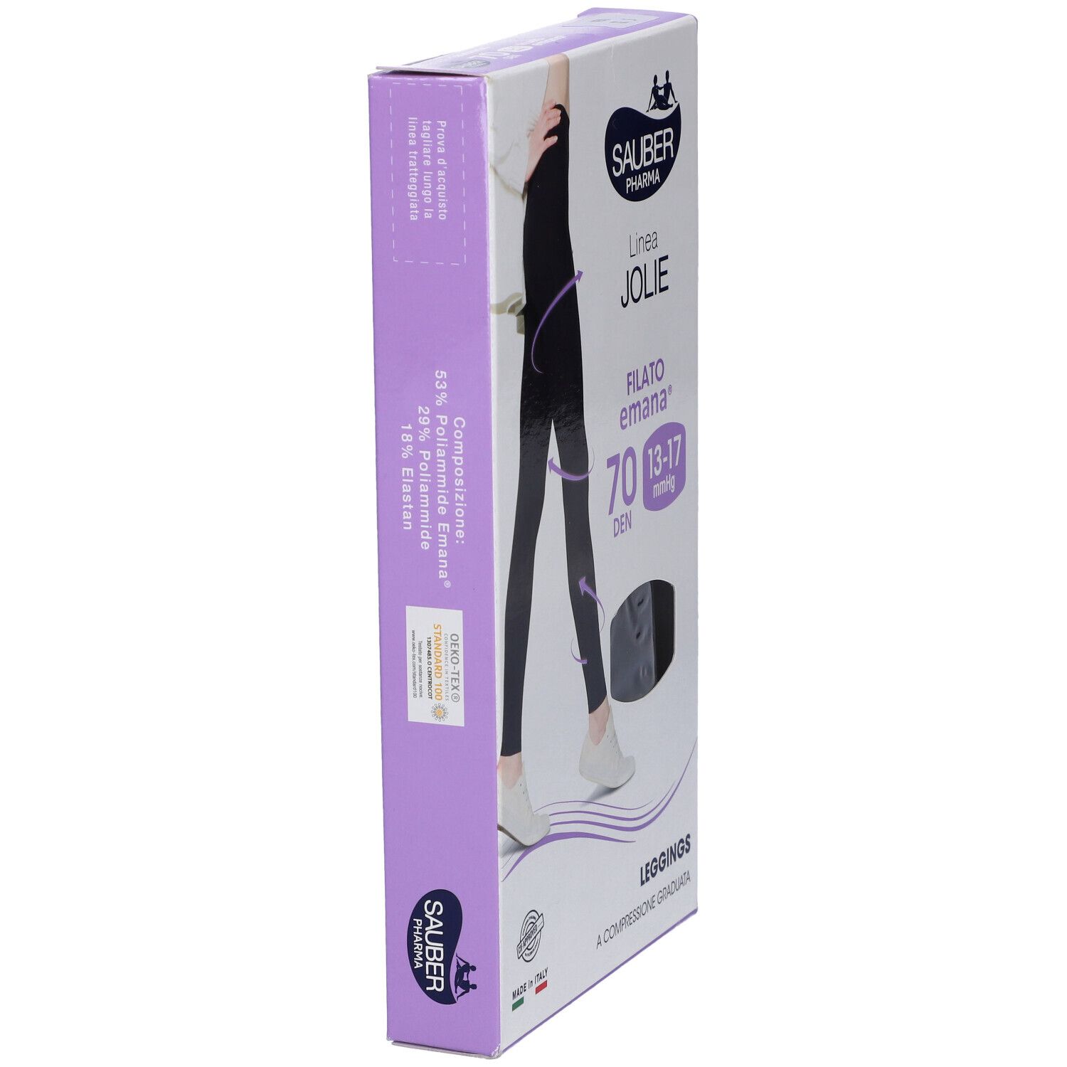 Verpackung der Leggings. Marke Sauber Pharma, Linie Jolie, Filato Emana 70 DEN. Kompression 13-17 mmHg. Seitenansicht.
