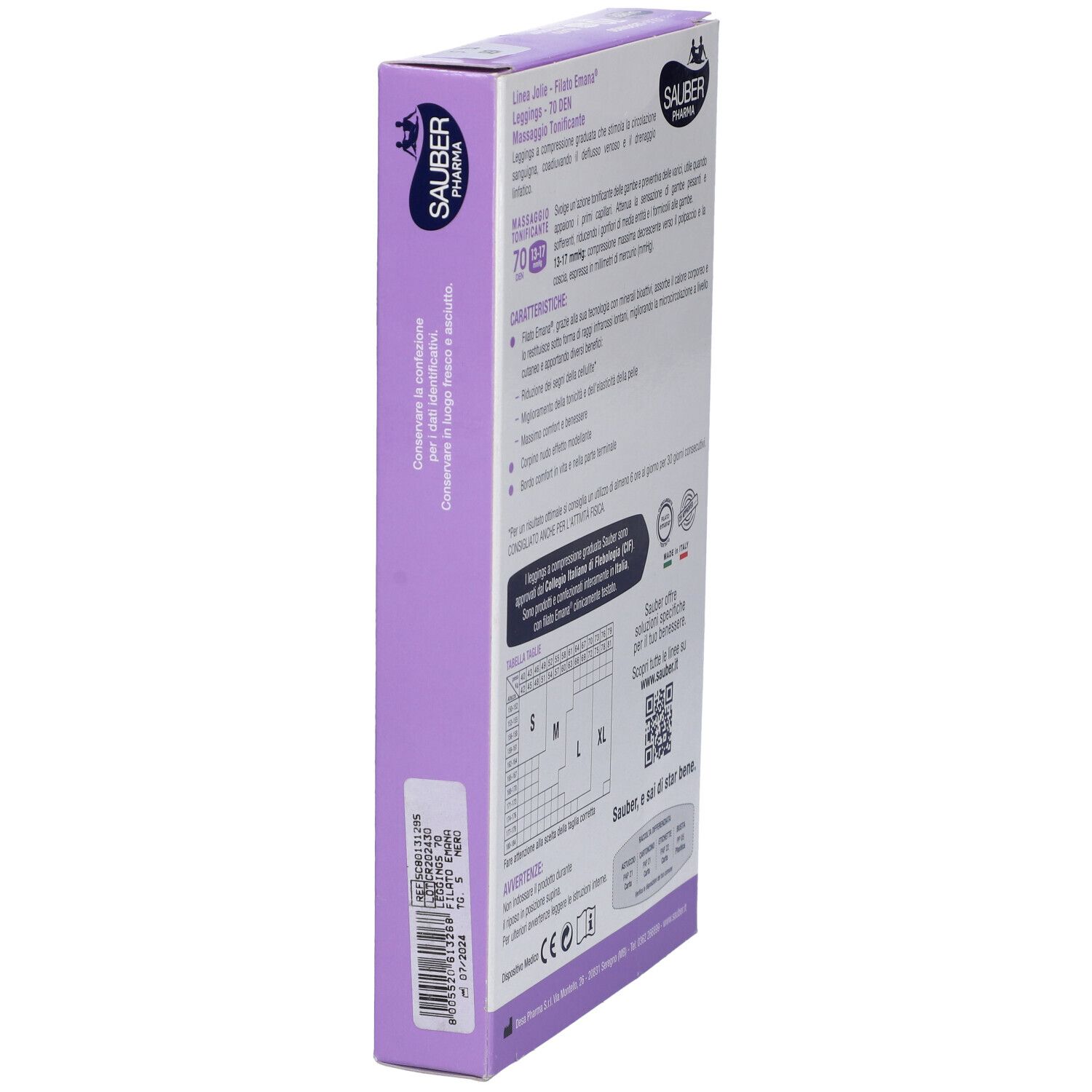 Seitenansicht der Verpackung. Marke Sauber Pharma, Linie Jolie, Filato Emana 70 DEN. Größenangaben. Text.