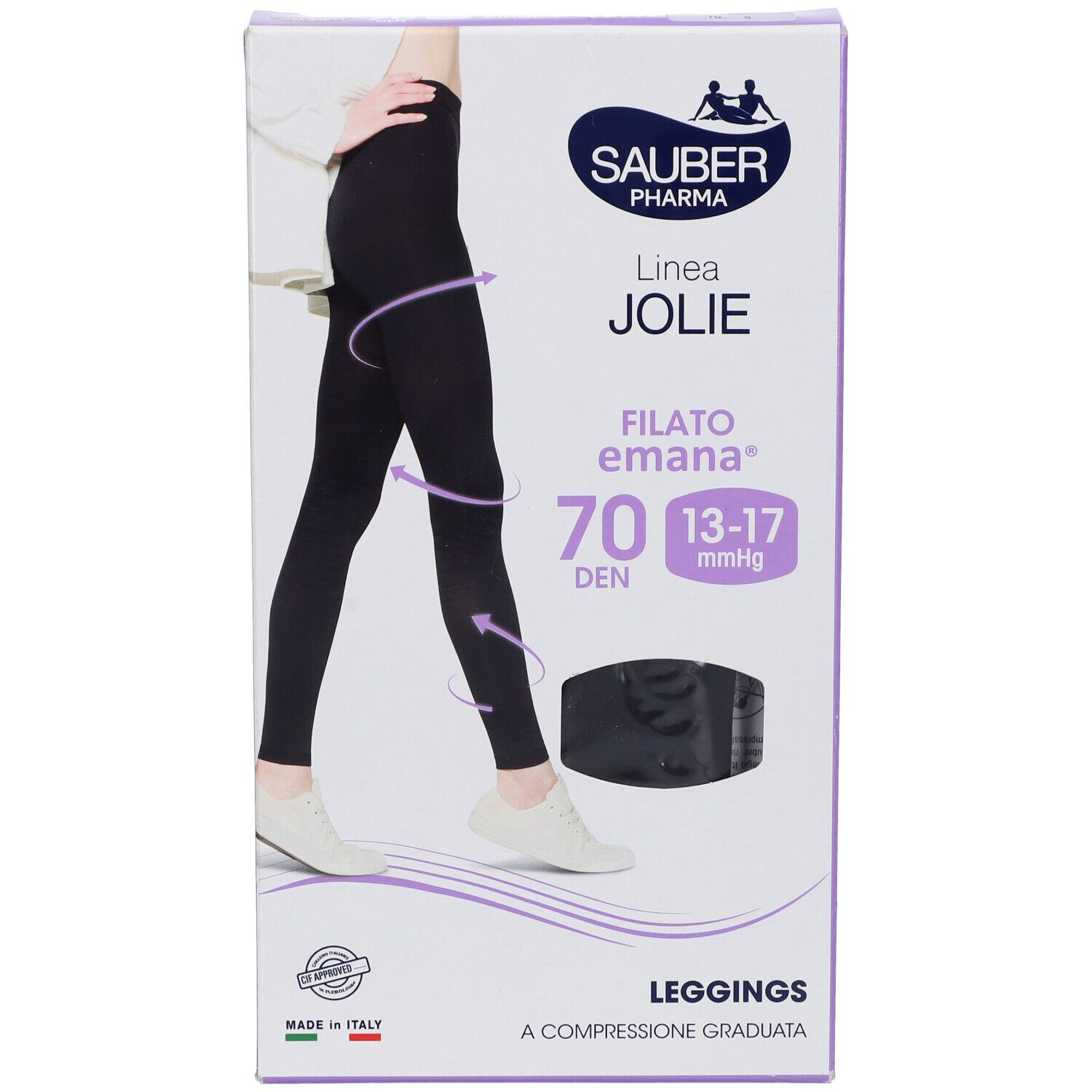 Schwarze Leggings in Verpackung. Marke Sauber Pharma, Linie Jolie, Filato Emana 70 DEN. Kompression 13-17 mmHg. Verpackung.