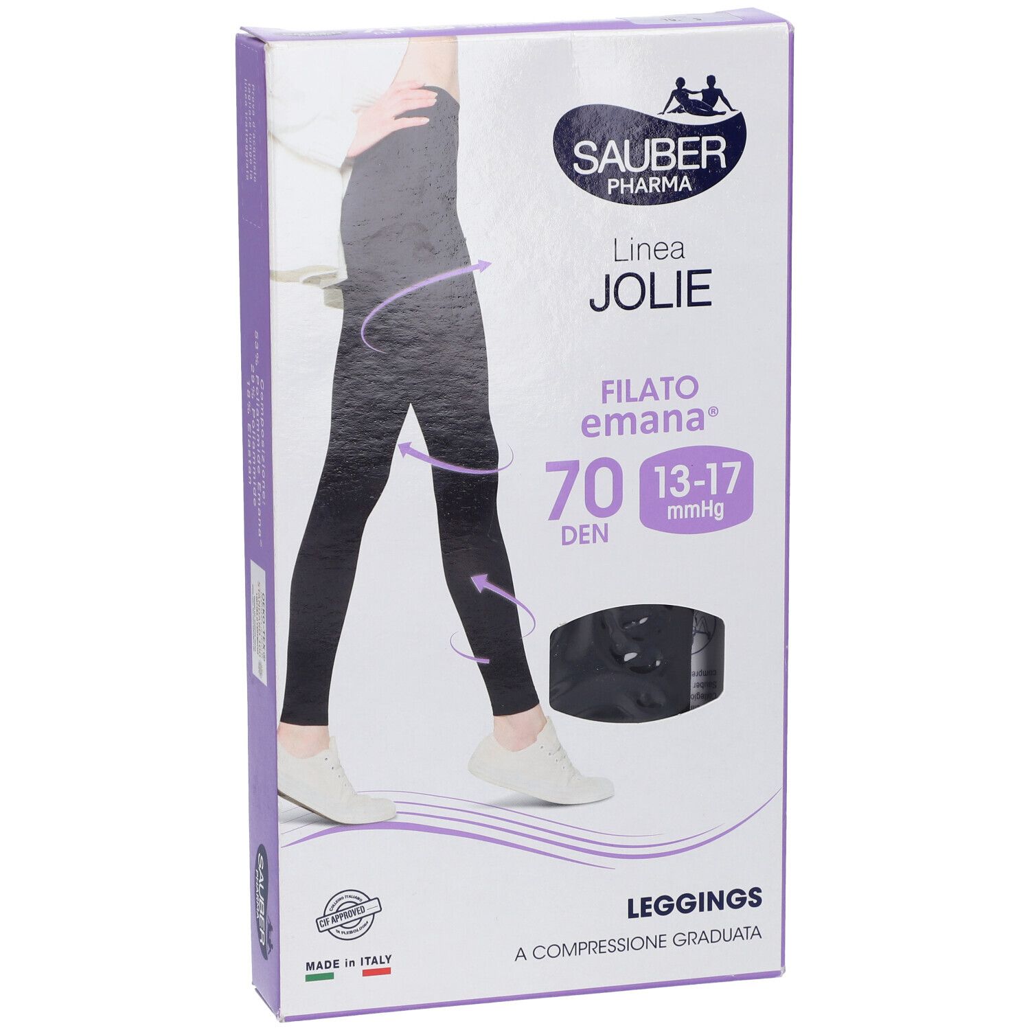 Schwarze Leggings in Verpackung. Marke Sauber Pharma, Linie Jolie, Filato Emana 70 DEN. Kompression 13-17 mmHg. Verpackung.