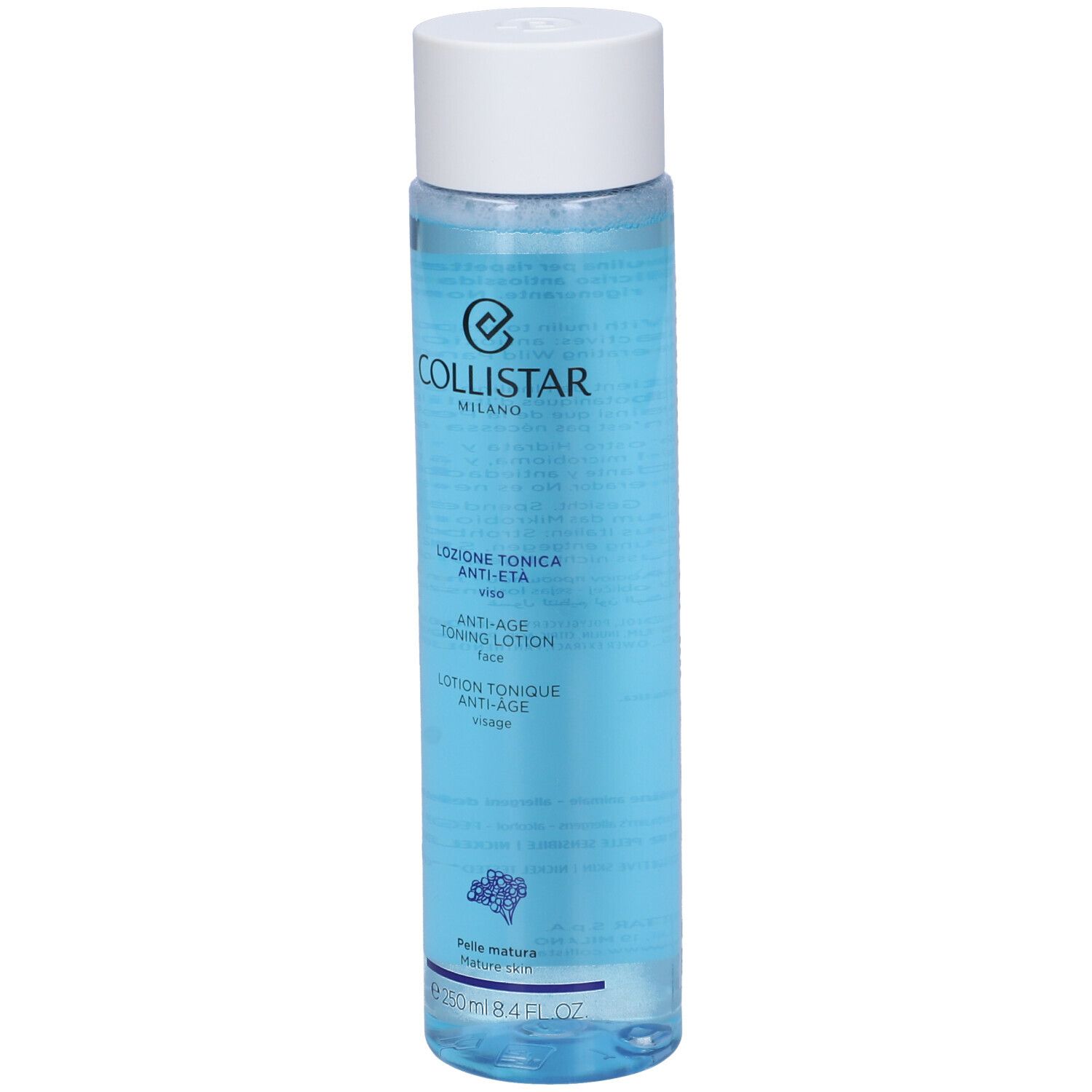 Collistar Milano Anti-Age Toning Lotion Flasche mit weißem Deckel. Blaue Flüssigkeit sichtbar.