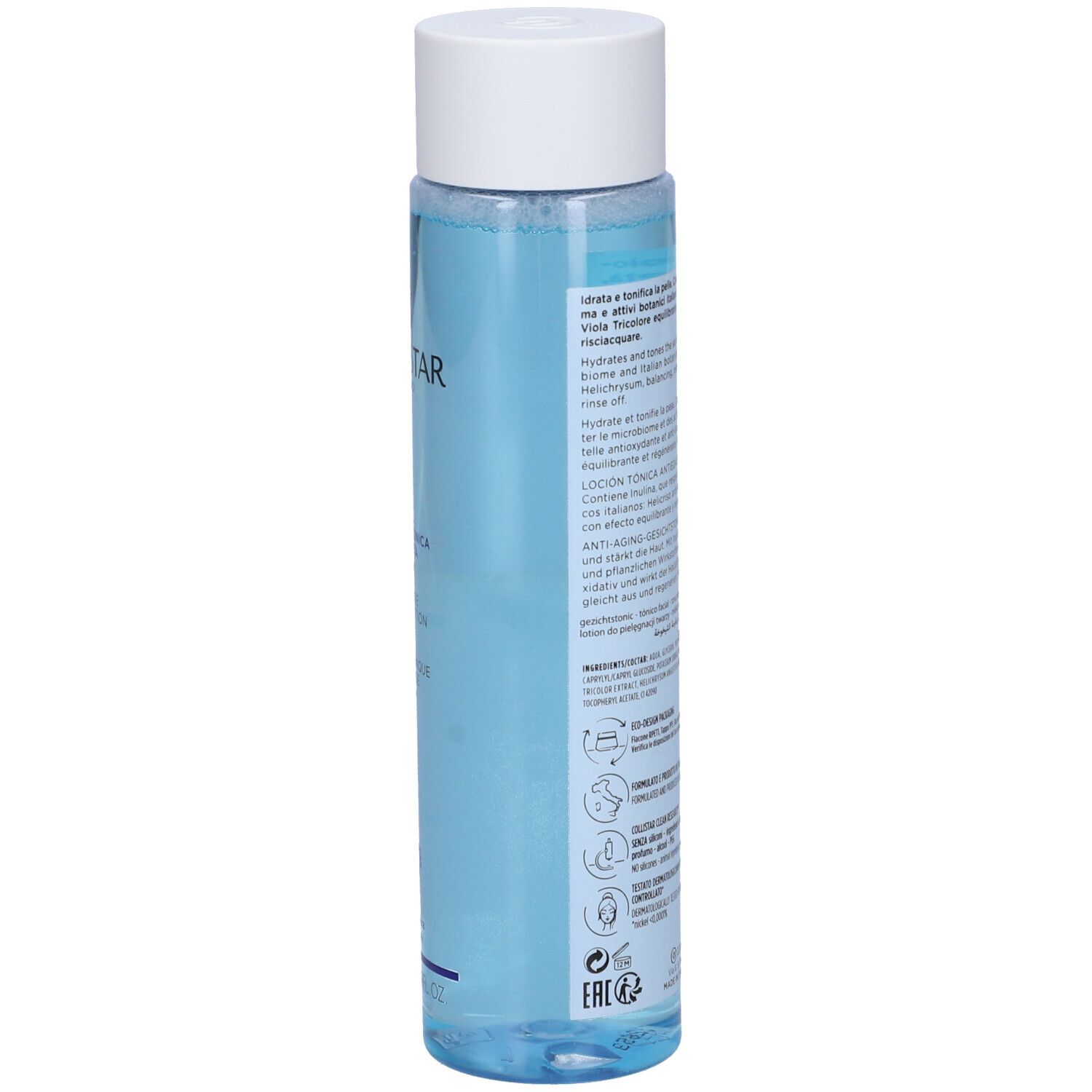 Klare, blaue Flüssigkeit in einer durchsichtigen Flasche mit weißem Deckel. Etikett mit Text und Symbolen.
