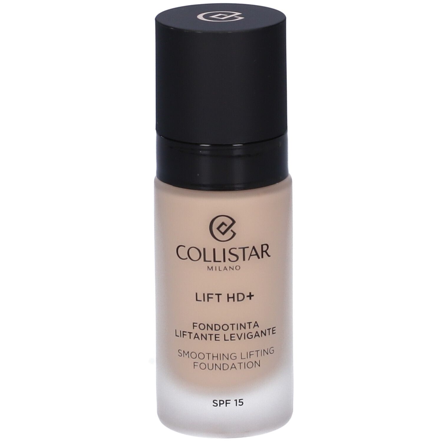 Flacone di fondotinta beige con tappo nero. Scritte: Collistar Milano, Lift HD+, Fondotinta, SPF 15.