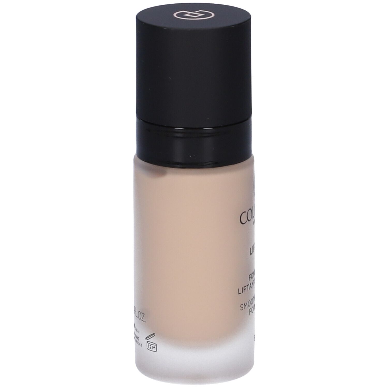 Flacone di fondotinta beige con tappo nero. Scritte: Collistar Milano, Lift HD+, Fondotinta, SPF 15.