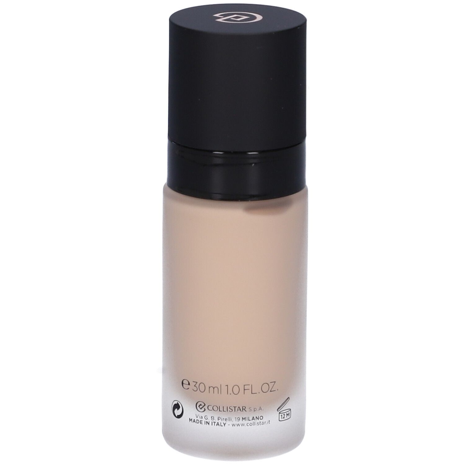 Flacone di fondotinta beige con tappo nero. Scritte: Collistar Milano, Lift HD+, Fondotinta, SPF 15, 30 ml.