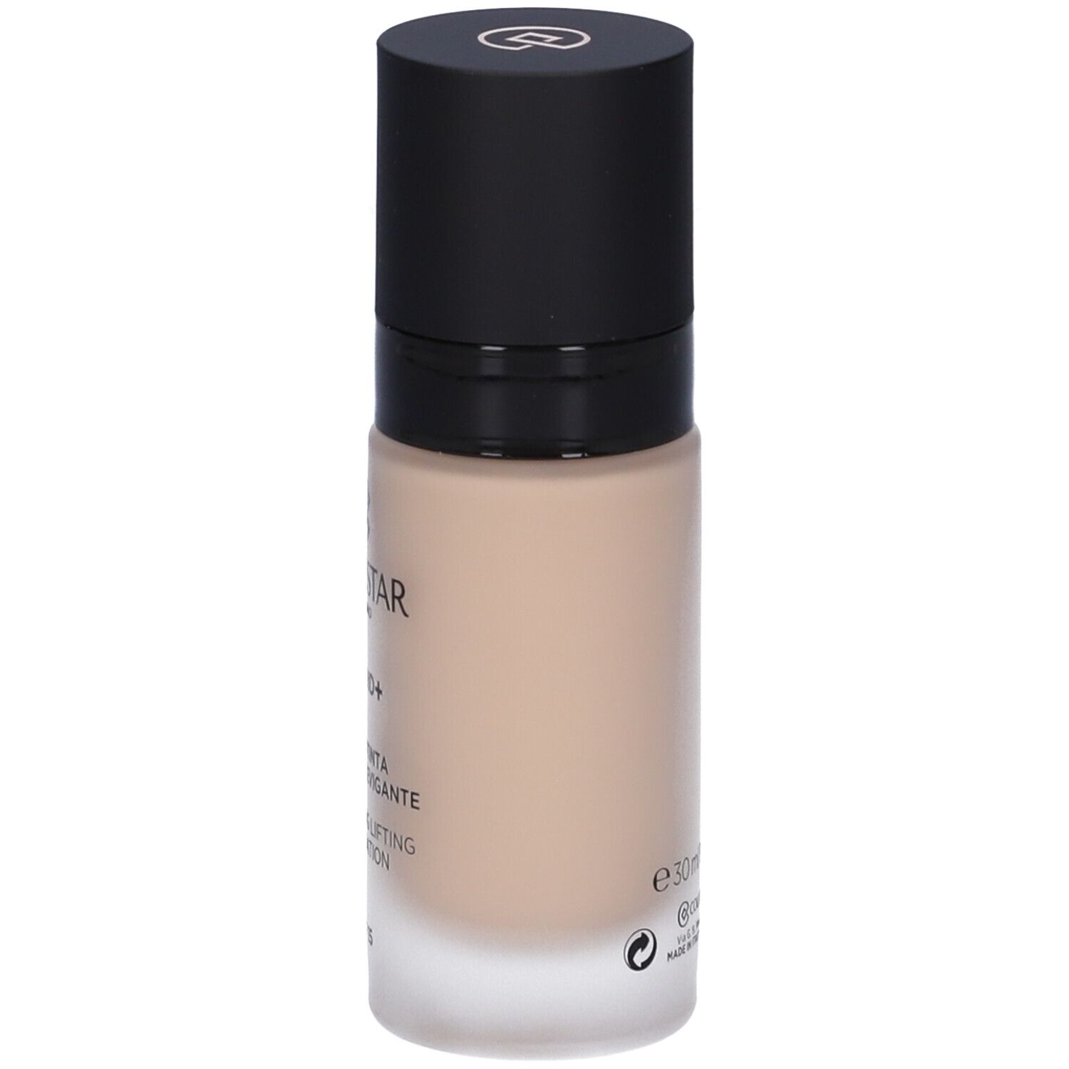 Flacone di fondotinta beige con tappo nero. Scritte: Collistar Milano, Lift HD+, Fondotinta, SPF 15, 30 ml.