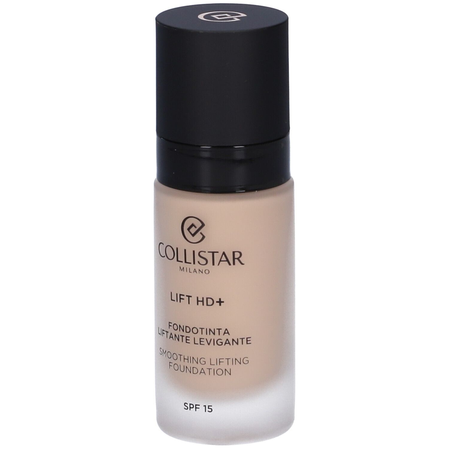Flacone di fondotinta beige con tappo nero. Scritte: Collistar Milano, Lift HD+, Fondotinta, SPF 15.