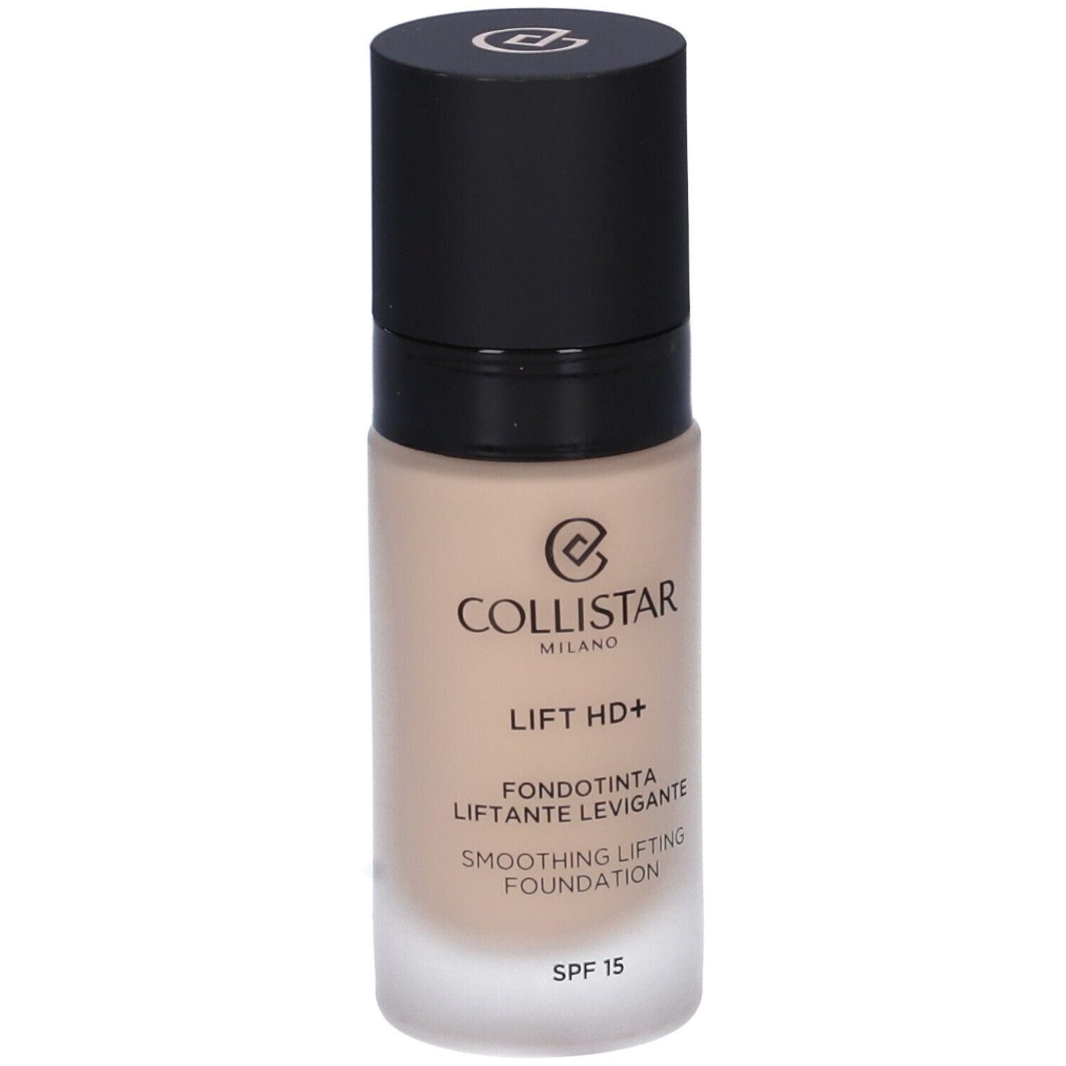 Flacone di fondotinta beige con tappo nero. Scritte: Collistar Milano, Lift HD+, Fondotinta, SPF 15.