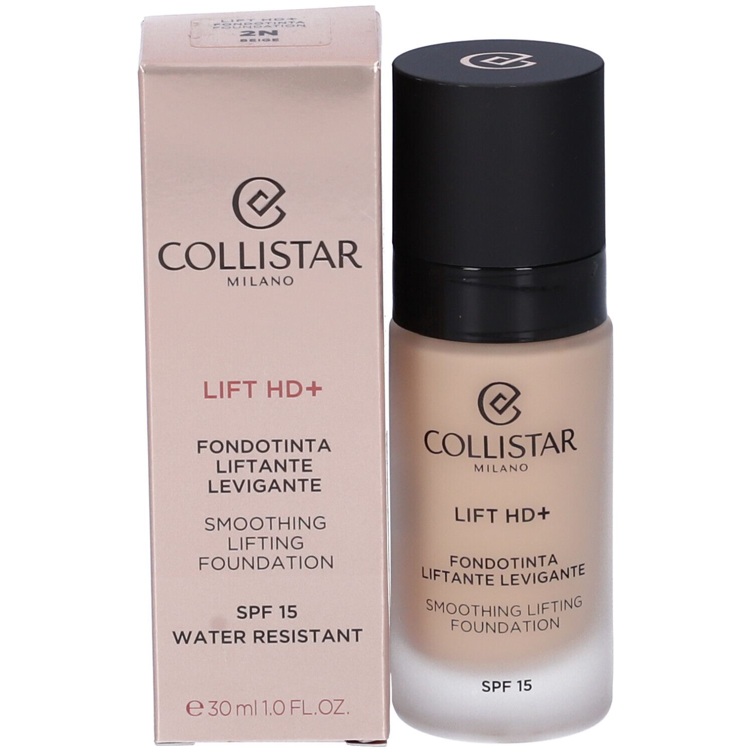 Flacone di fondotinta e confezione. Scritte: Collistar Milano, Lift HD+, Fondotinta, SPF 15, Water Resistant, 30 ml.