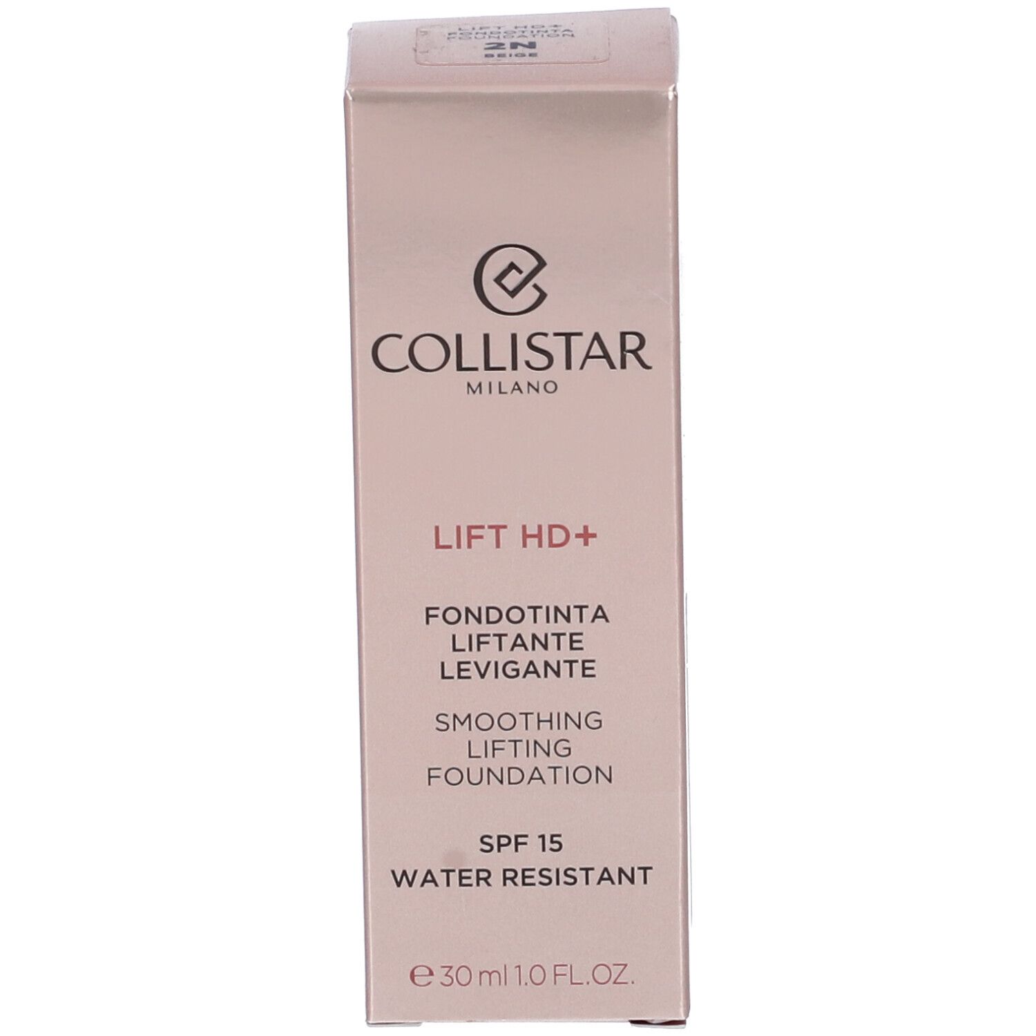 Confezione. Scritte: Collistar Milano, Lift HD+, Fondotinta, SPF 15, Water Resistant, 30 ml.