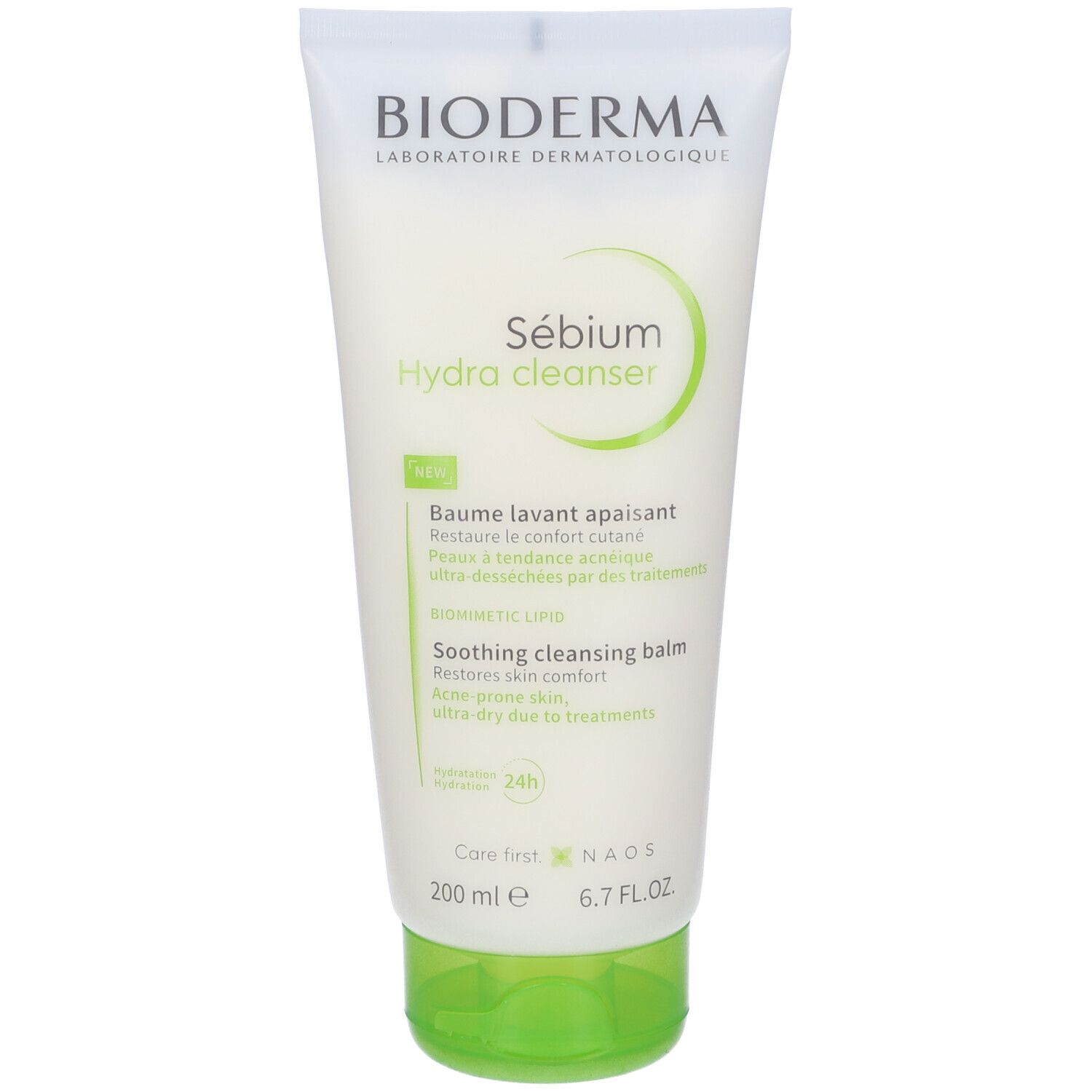 Tubo bianco. BIODERMA in alto. Sébium Hydra cleanser sotto. Tappo verde. 200 ml.