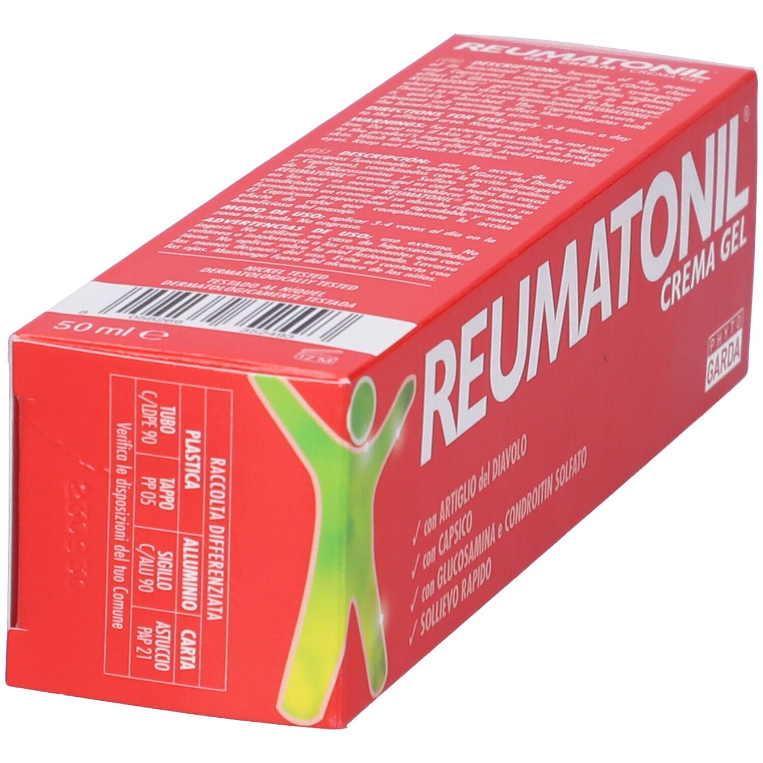Confezione rossa Reumatonil Crema Gel, vista laterale. Ingredienti e simboli riciclo. Marchio Phyto Garda.