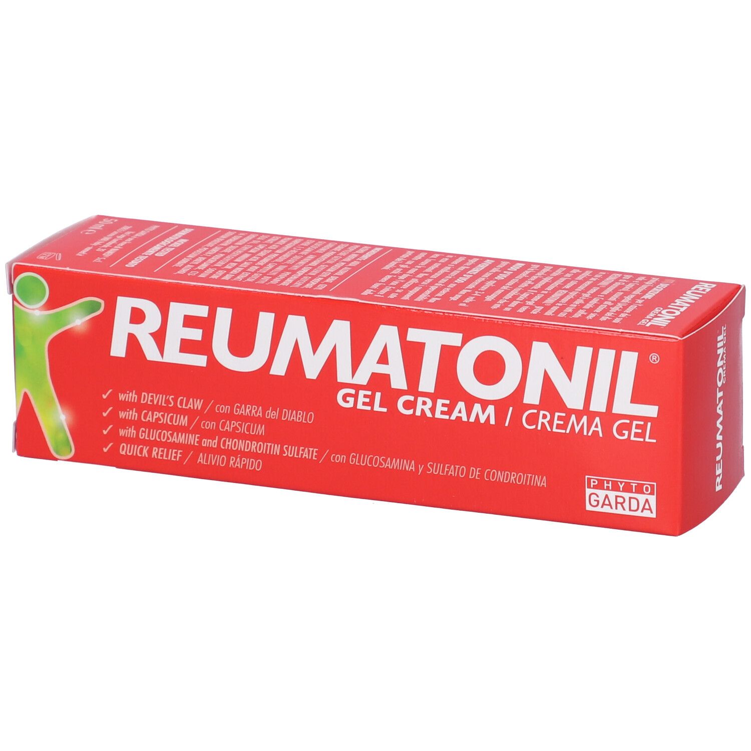 Confezione rossa Reumatonil Gel Cream. Contiene artiglio del diavolo, capsico, glucosamina. Marchio Phyto Garda.